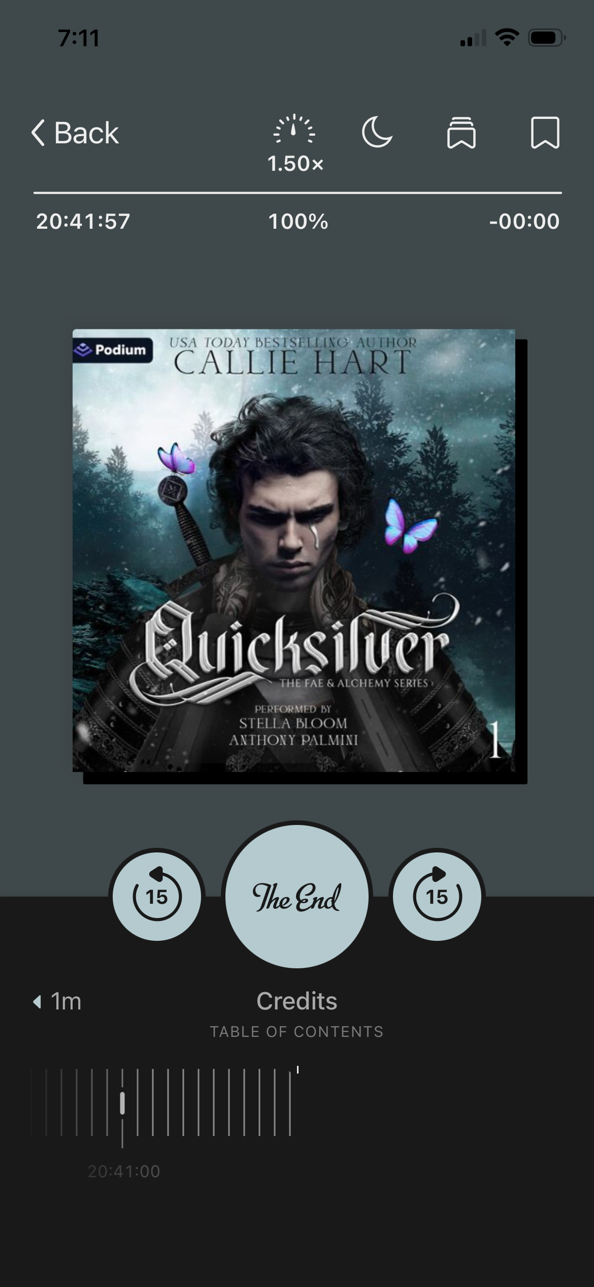 A screenshot of the audiobook Quicksilver by Callie Hart in the Libby app.