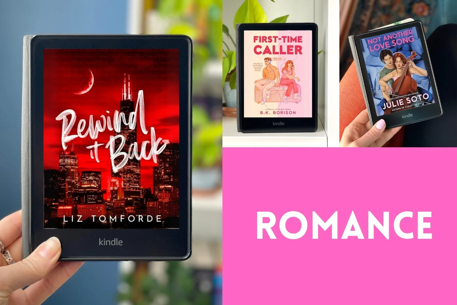 A collage of photos: my hand holding a Kindle in front of a blurred background in two and a Kindle sitting on a bookshelf in the third.