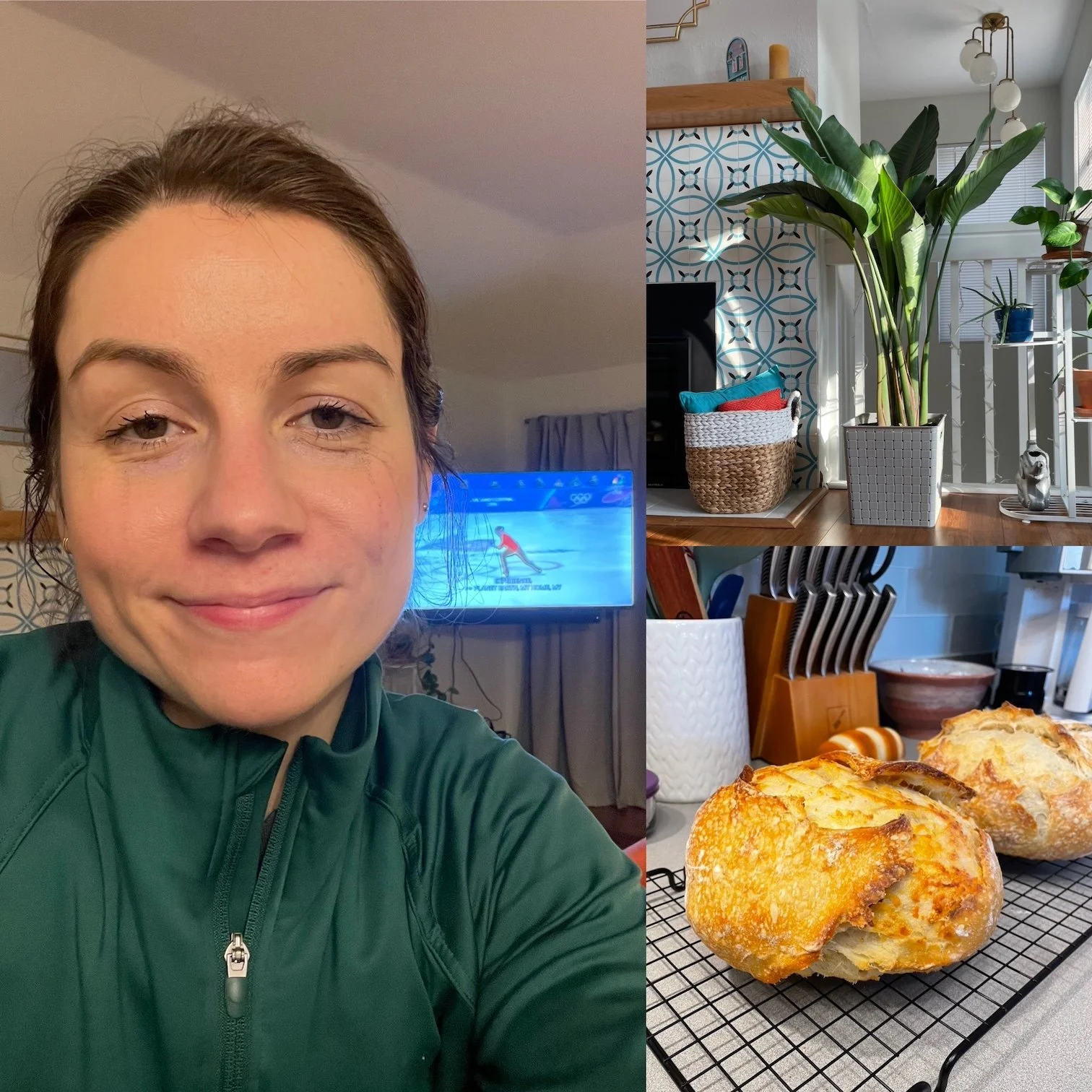 A collage of photos featuring me crying with the Olympics on in the back, two sourdough loaves on a countertop and a Bird of Paradise.