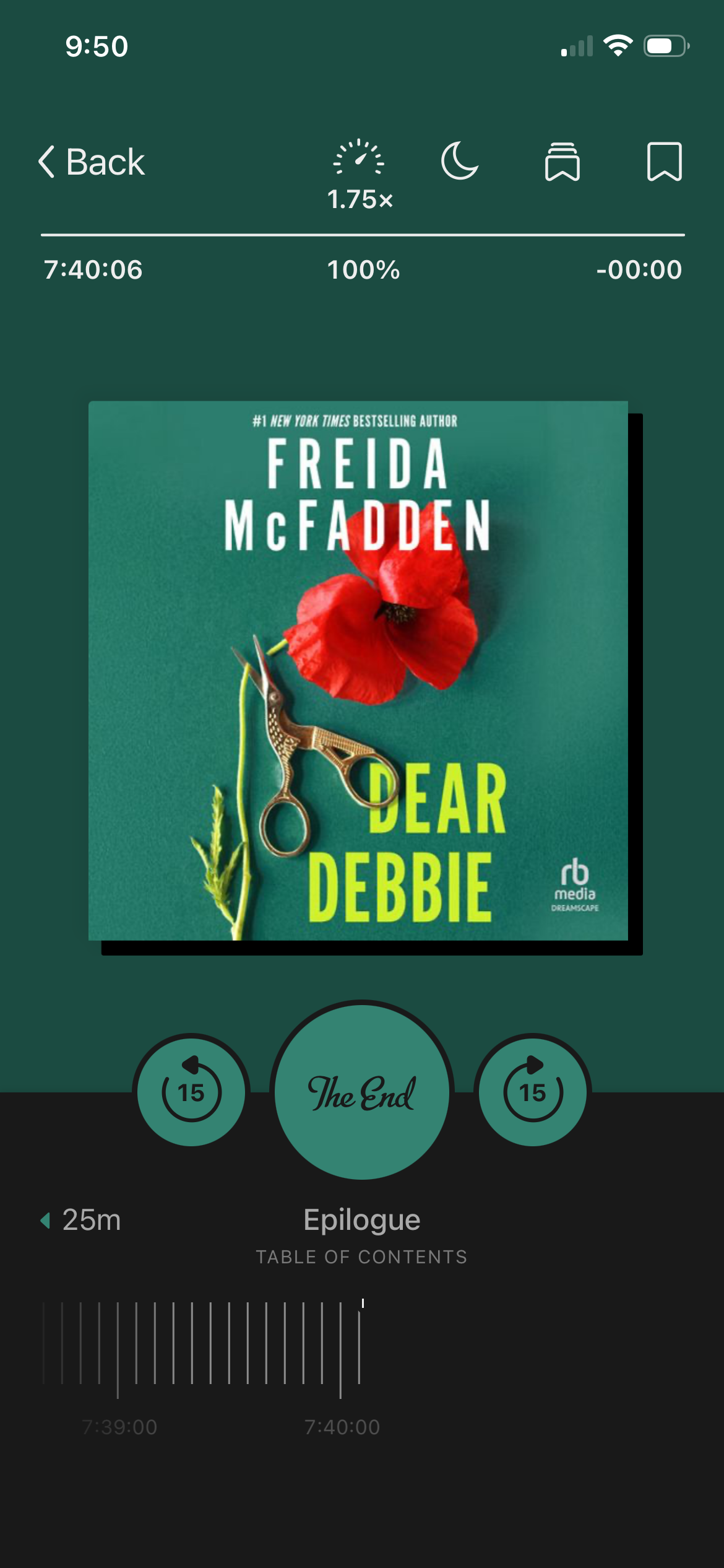 A screenshot of the audiobook Dear Debbie by Freida McFadden in the libby app. The cover shows a pair of scissors cutting a flower at its stem.