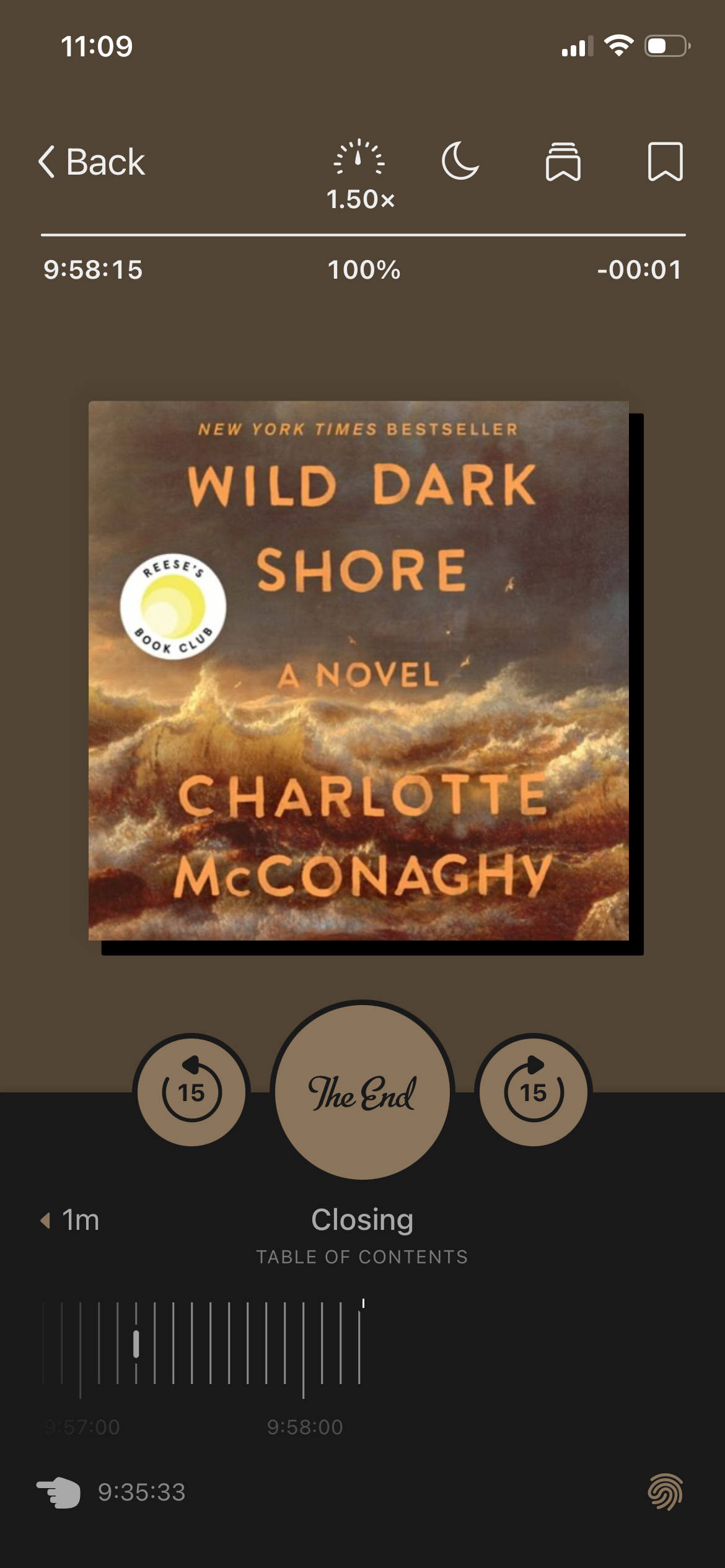 A screenshot of the audiobook Wild Dark Shore in the Libby app.