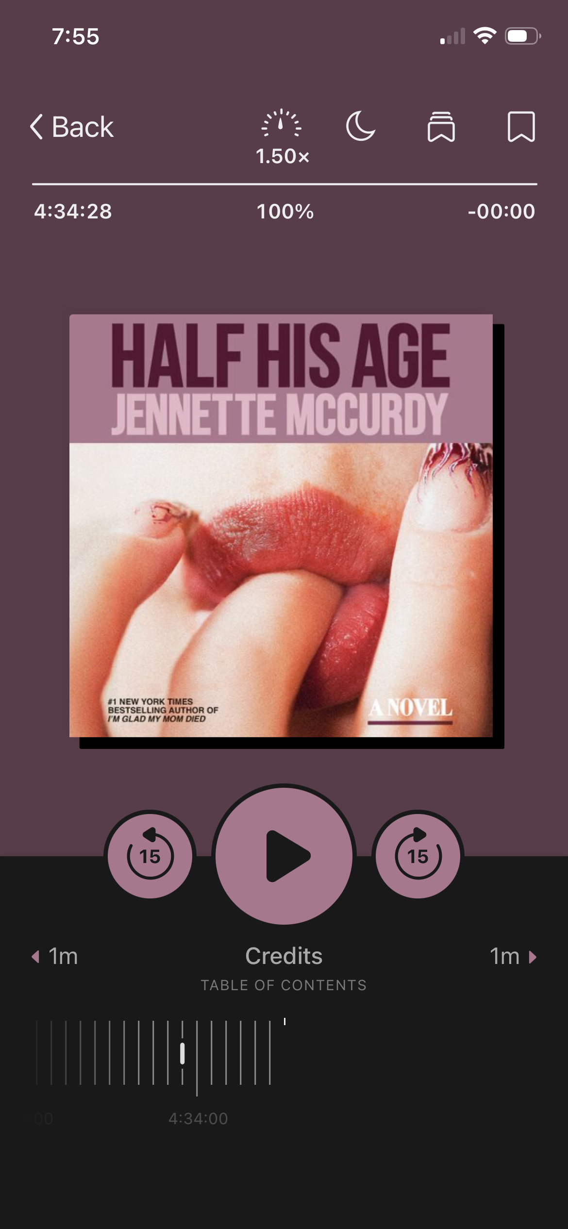 A screenshot of the audiobook Half His Age by Jennette McCurdy in the Libby app.  The cover shows a young woman sucking on her finger.