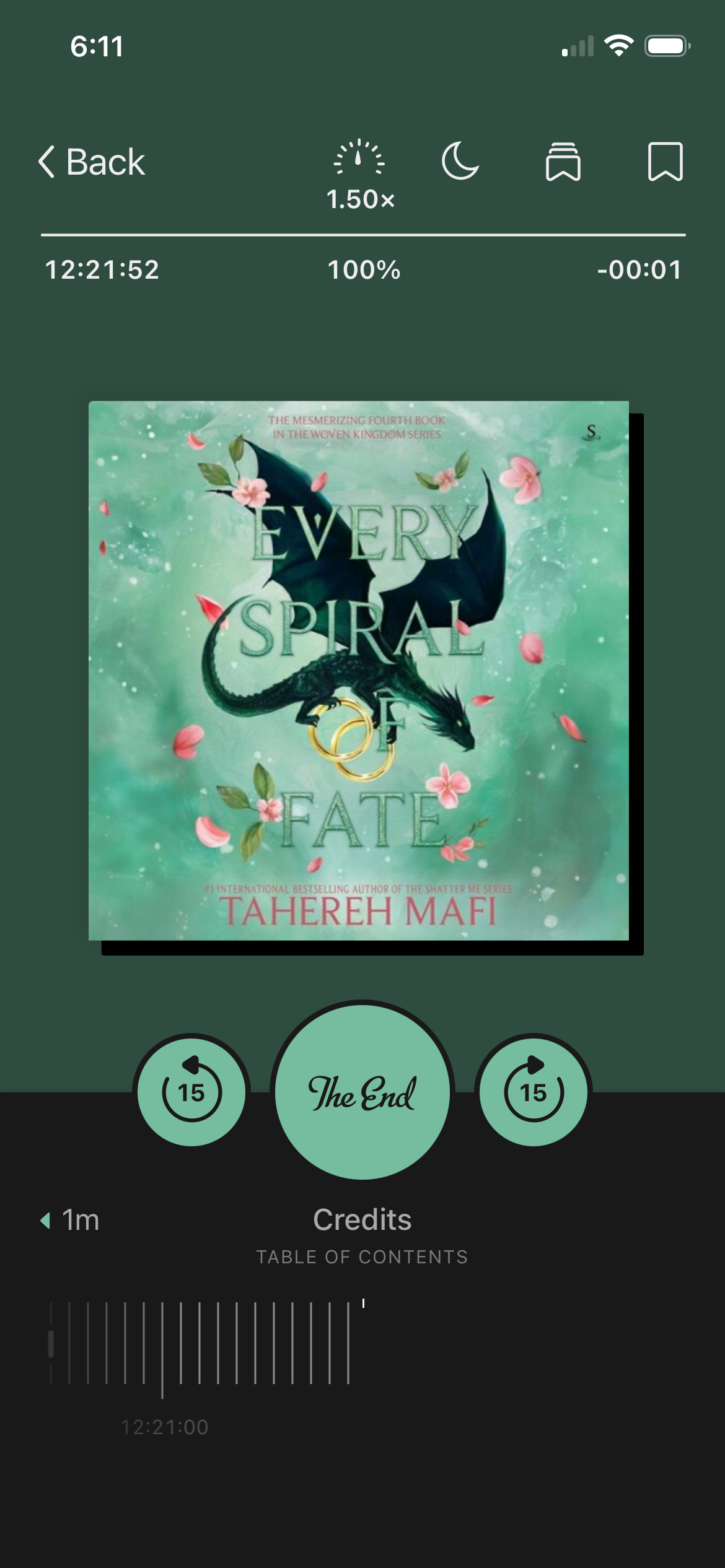 A screenshot of the audiobook Every Spiral of Fate by Tahereh Mafi in the Libby app.