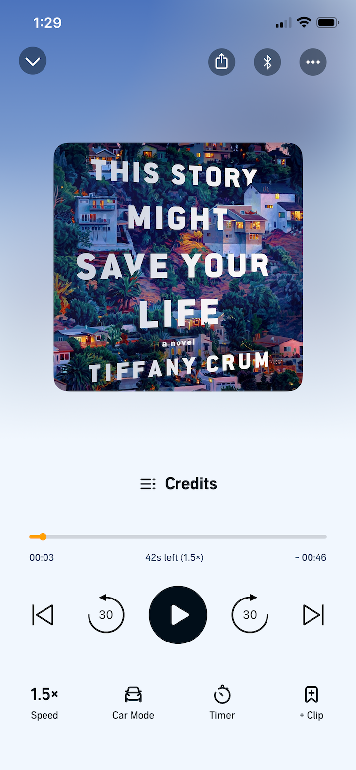 A screenshot of the audiobook This Story Might Save Your Life by Tiffany Crum in the Audible app.
