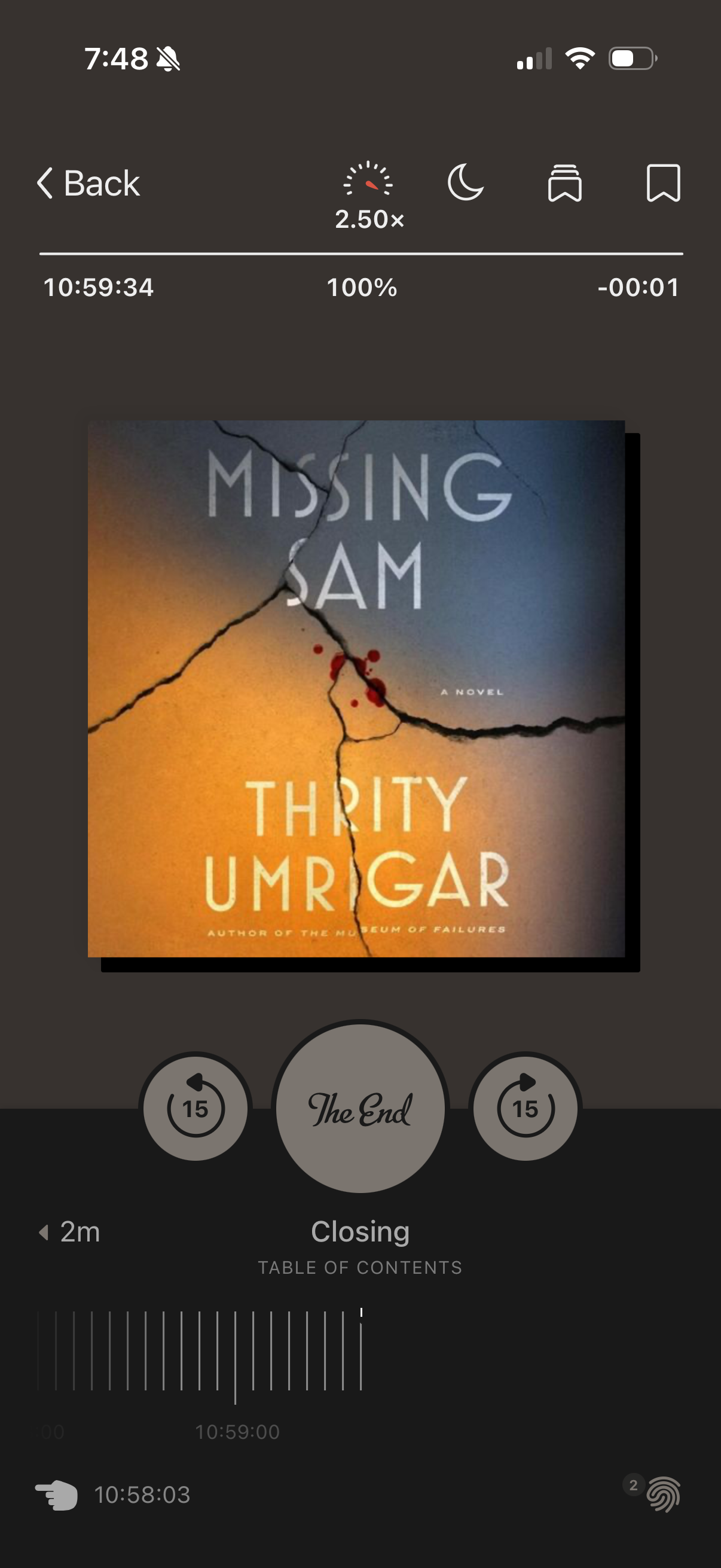 A screenshot of the audiobook Missing Sam by Thrity Umrigar in the Libby app. The cover is blue and yellow and shows cracked concrete with some blood on it.