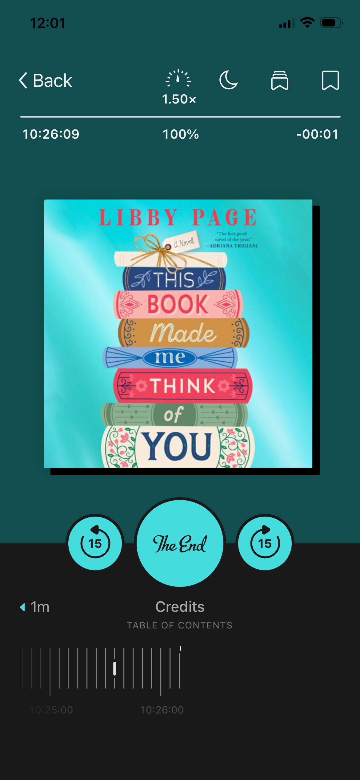 A screenshot of the audiobook This Book Made Me Think of You by Libby Page in the Libby app. The cover is blue with a stack of books in the middle.