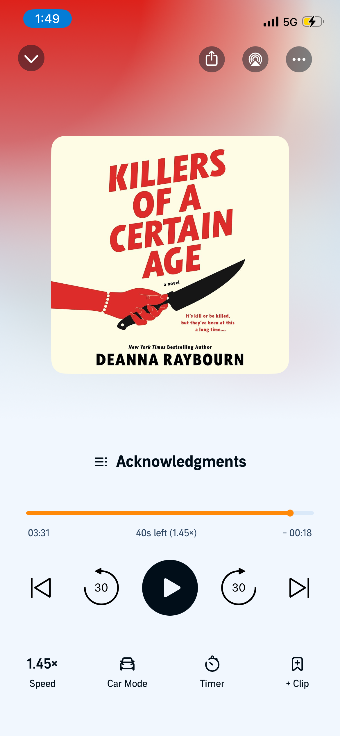 A screenshot of Killers of a Certain Age by Deanna Raybourn in the Audible app. The cover shows a red hand with a pearl bracelet holding a black knife.