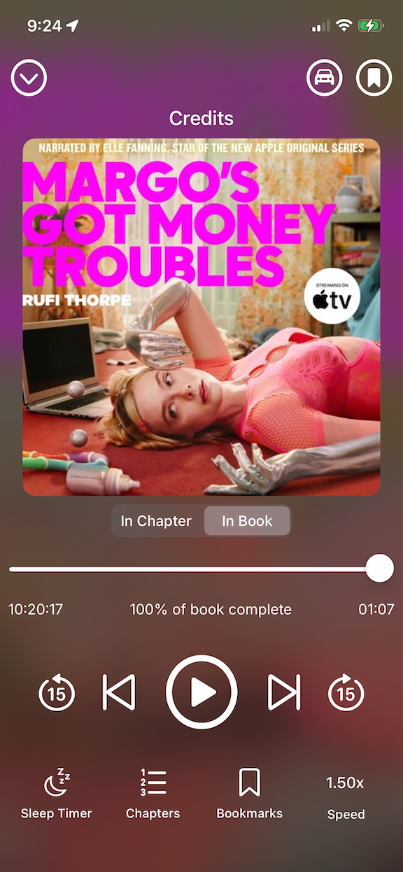 A sceenshot of the audiobook Margo's Got Money Troubles by Rufi Thorpe in the Libby app.