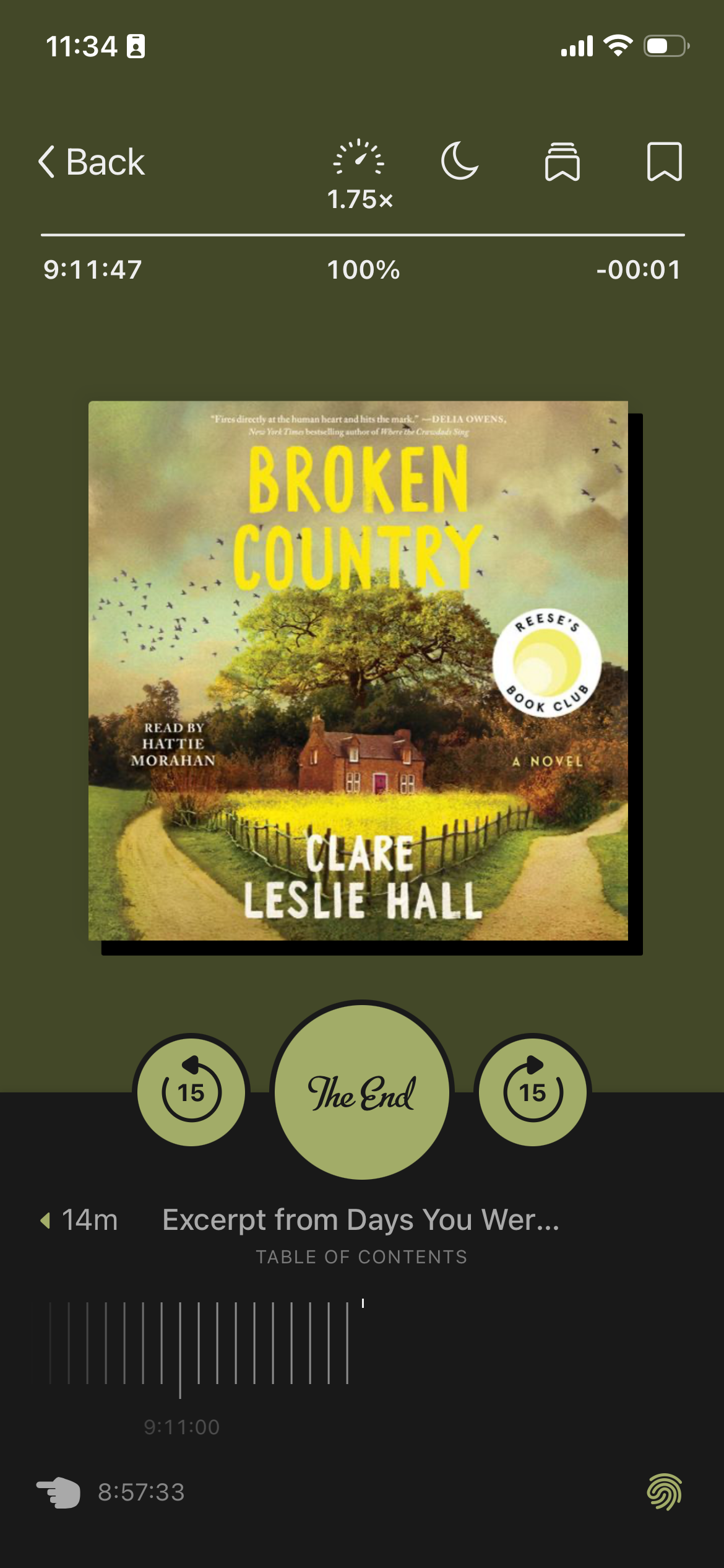 A screenshot of the audiobook Broken Country by Clare Leslie Hall in the Libby app. The cover shows a red manor in the English country.