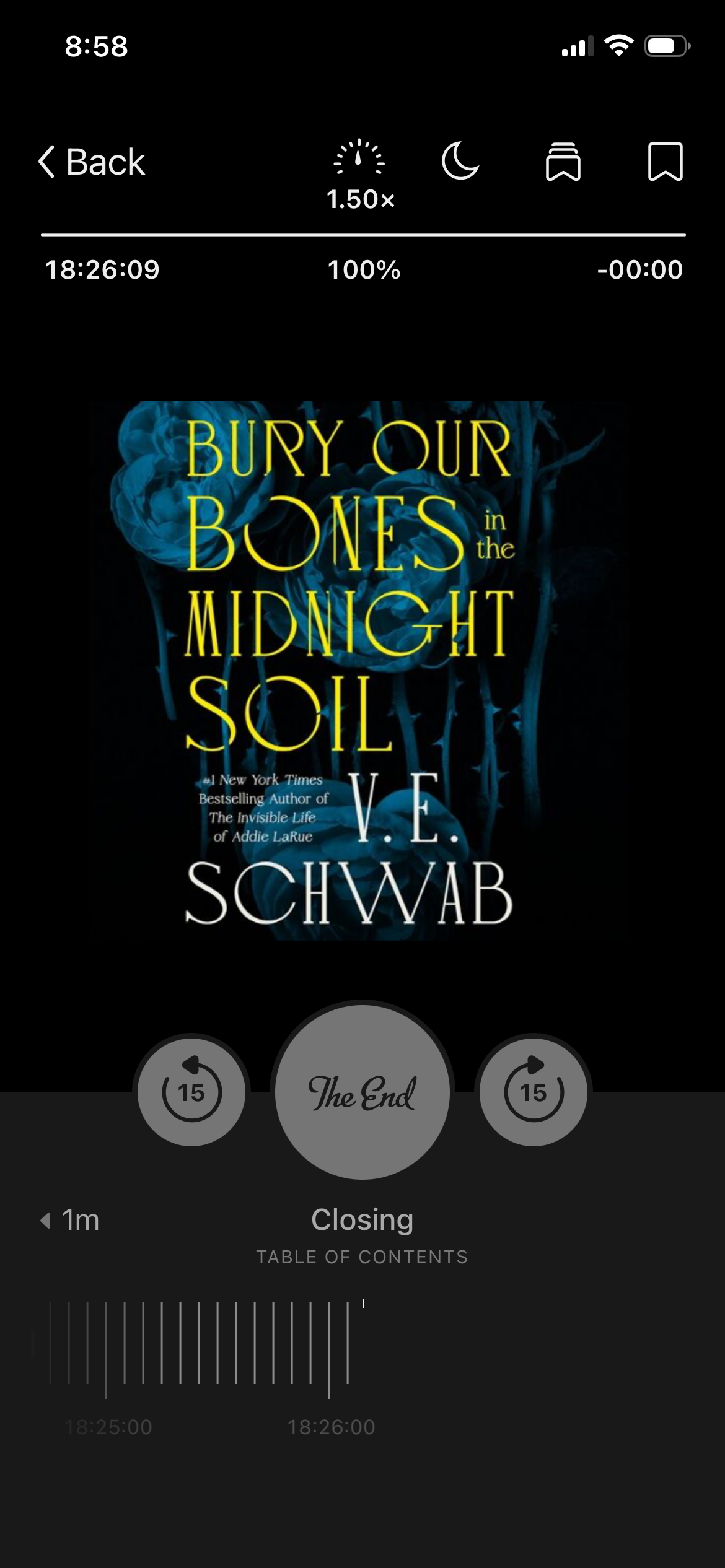 A screenshot of the audiobook Bury Our Bones in the Midnight Soil by V.E. Schwab in the Libby app.