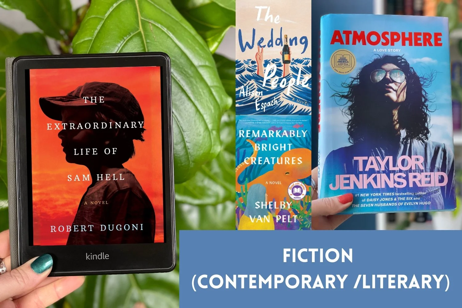 A collage of photos: My hand holds a Kindle in one, a hard cover book in another, and two images are book covers.