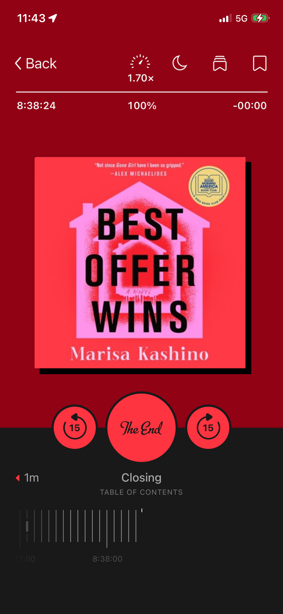 A screeshot of the audiobook for Best Offer Wins by Marisa Kashino in the Libby app.
