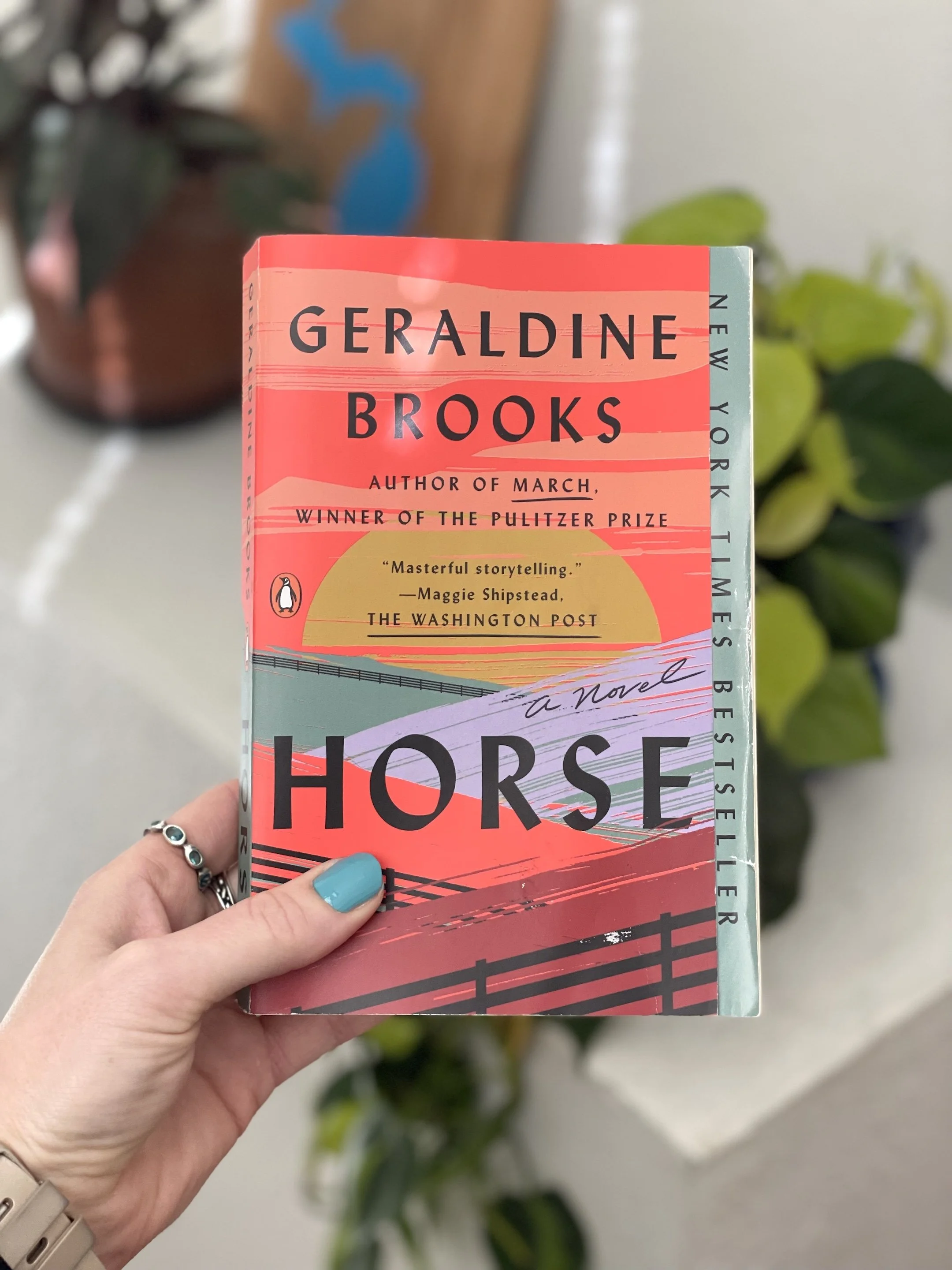 My hand holds a paperback copy of Horse by Geraldine Brooks. The cover is an illustrated landscape of a field.