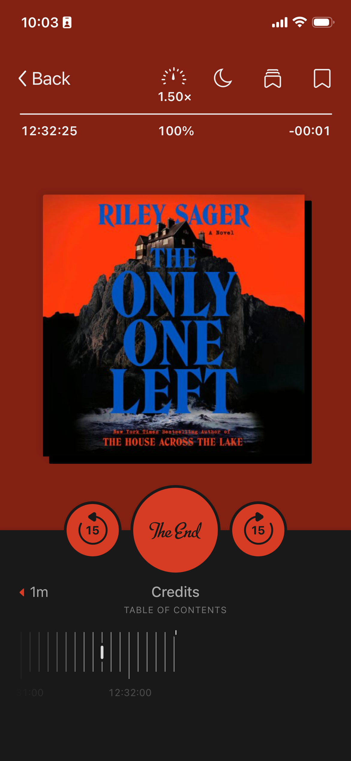 A screenshot of the audiobook The Only One Left by Riley Sager in the Libby app.
