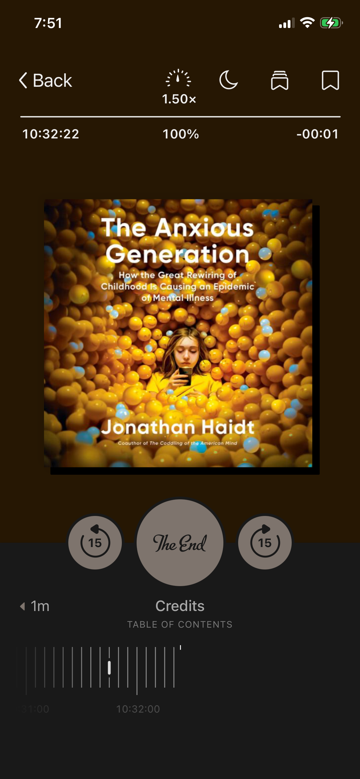 A screenshot of the audiobook The Anxious Generation by Jonathan Haidt in the Libby app.