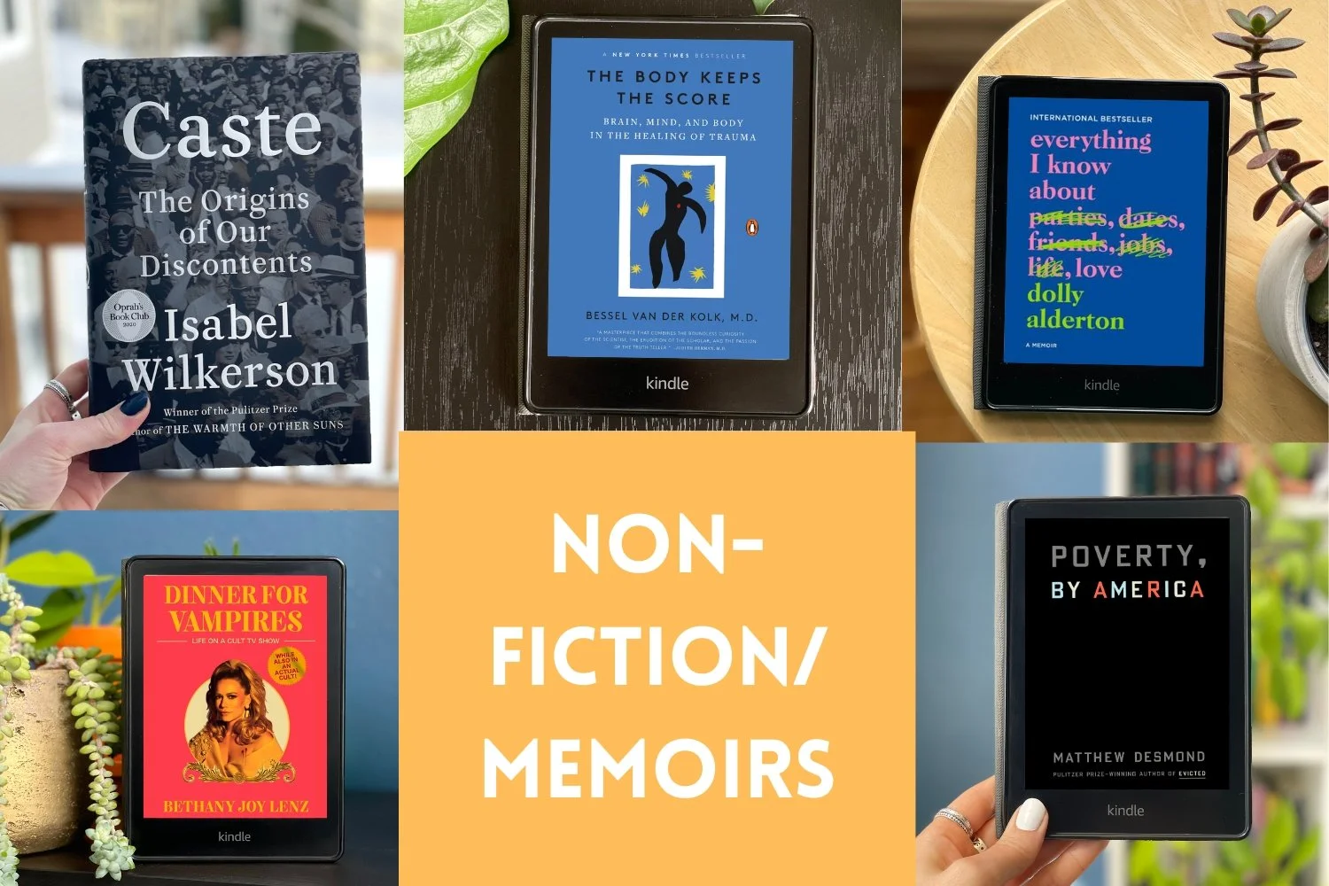 A collage of five photos of my Kindle on various table tops, in my hand, and next to plants with different book covers on the screen.