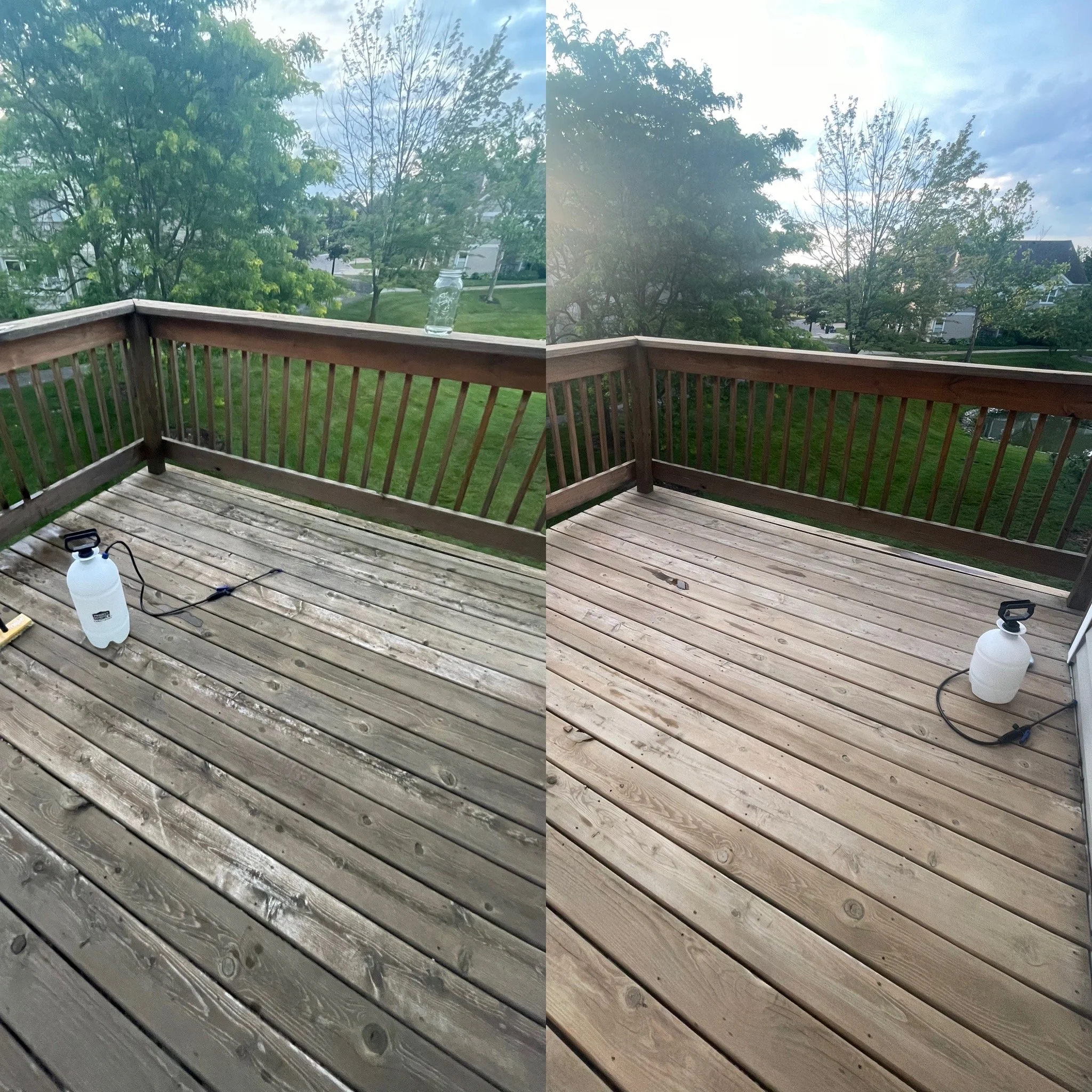 A split photo showing a deck before it was cleaned on the left, and after it was cleaned on the right.