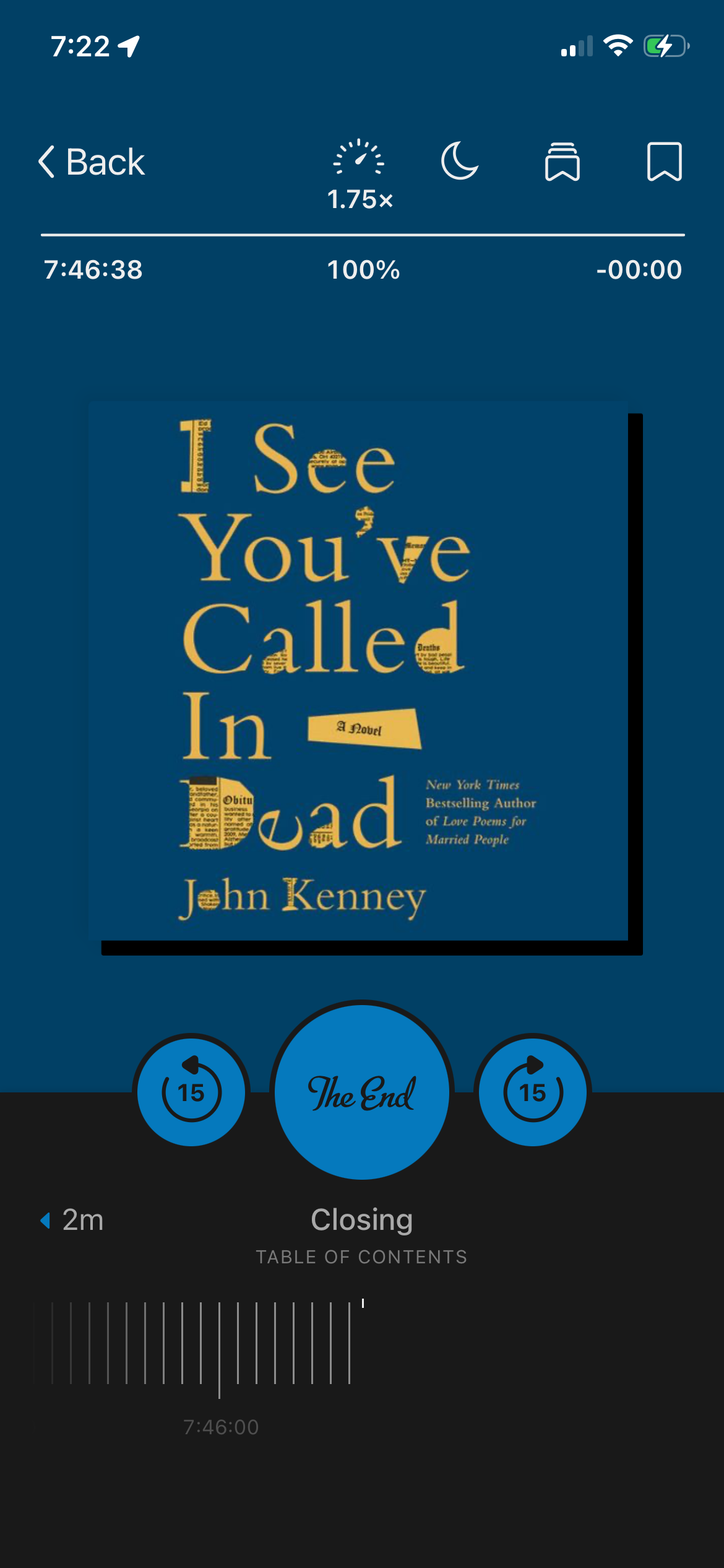 A screenshot of the audiobook I See You've Called in Dead by John Kenney in the Libby app.