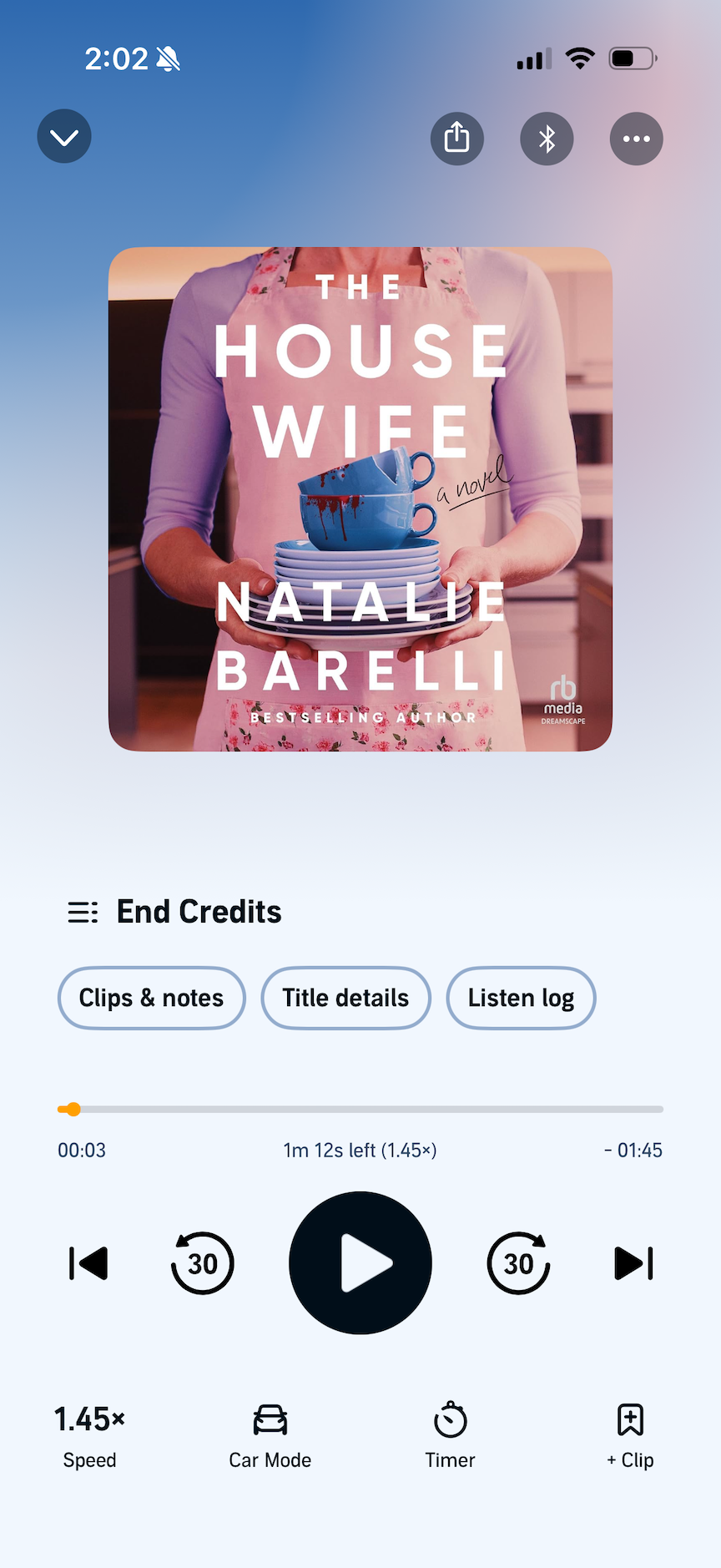 A screenshot of the audiobook The Housewife by Natalie Barelli in the Audible app.