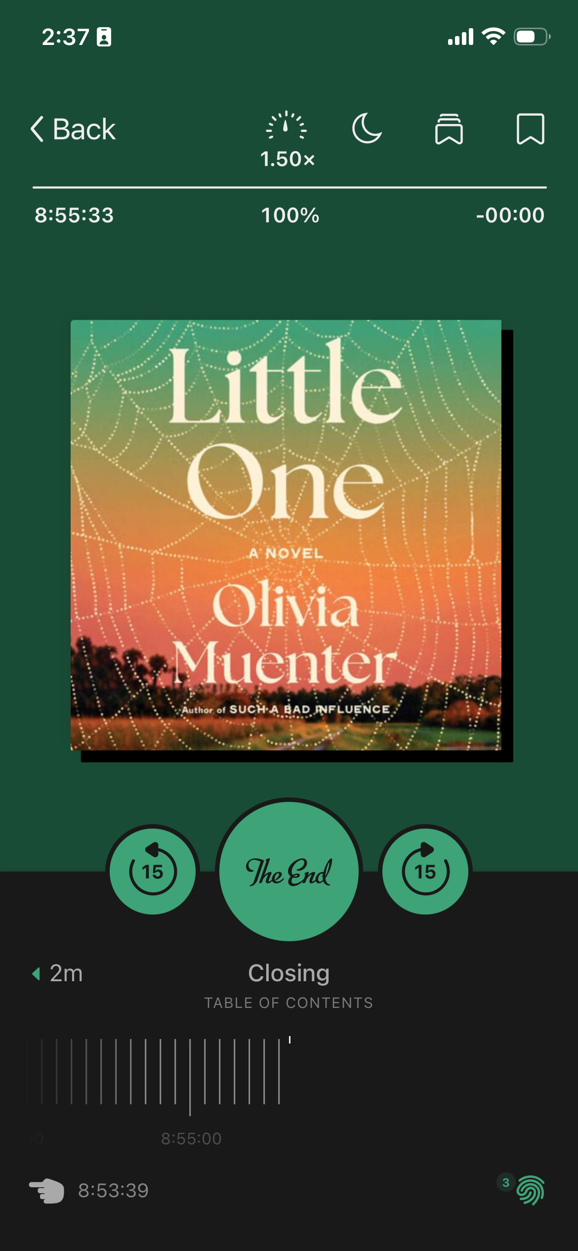 A screenshot of the audiobook Little One by Olivia Muenter in the Libby app. The cover shows a sunset with a spiderweb layered over it.