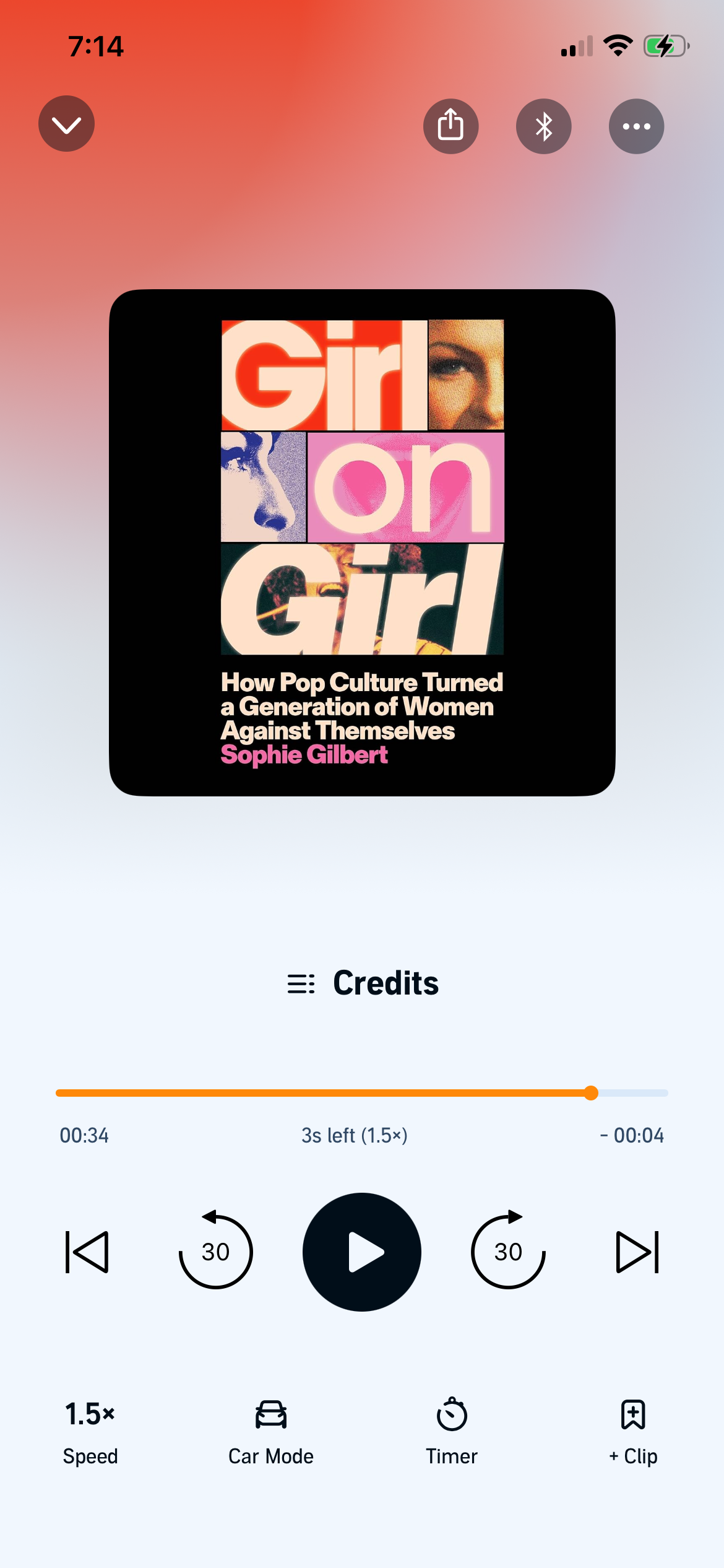 A screenshot of the audiobook Girl on Girl: How Pop Culture Turned a Generation Against Themselves by Sophie Gilbert in the Audible app.