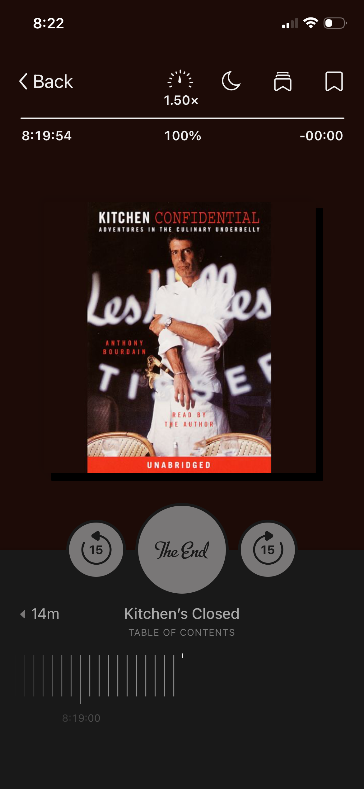 A screenshot of Kitchen Confidential by Anthony Bourdain in the Libby app. The cover shows a man in a chef's uniform.