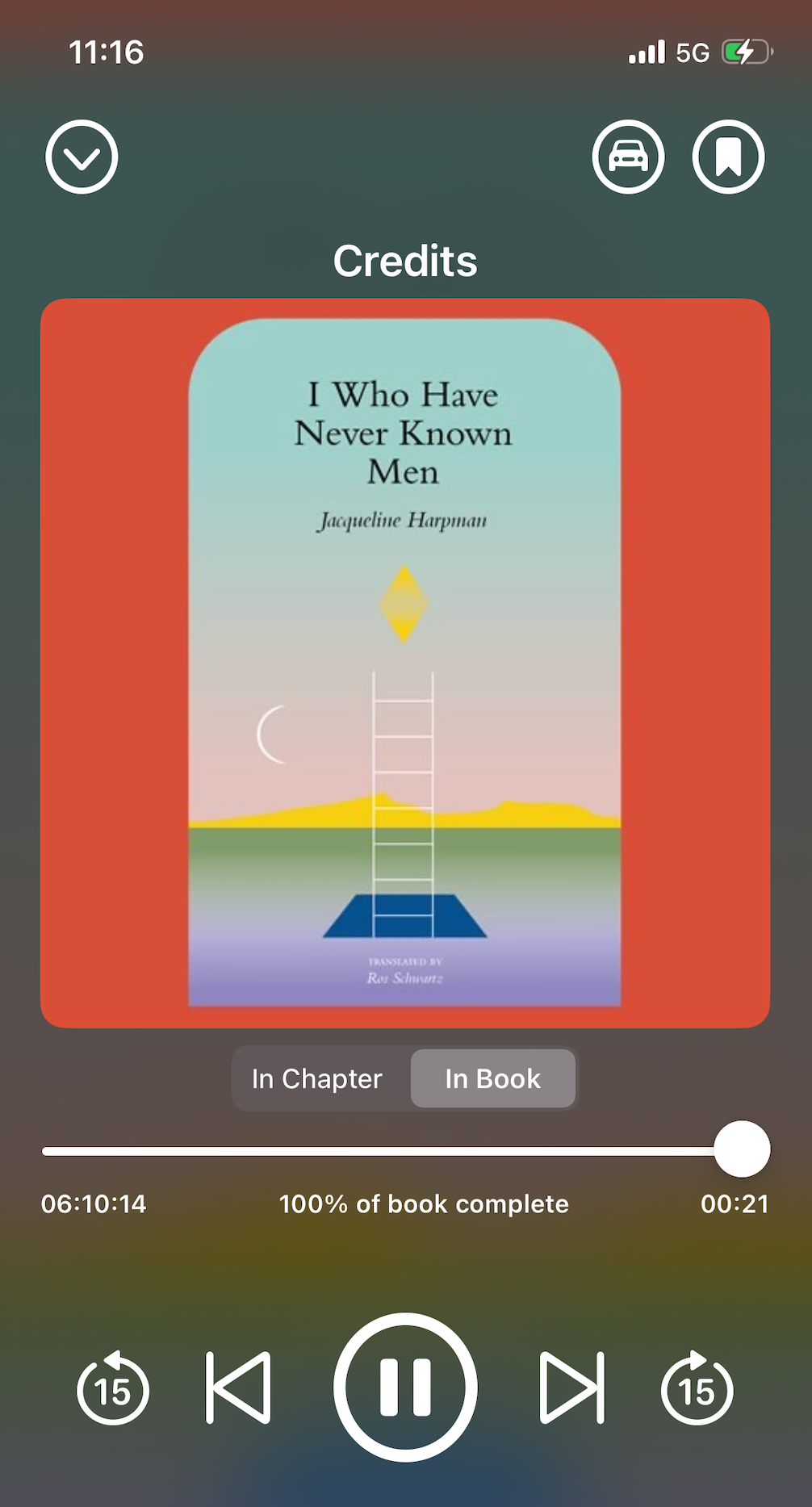 A screenshot of I Who Have Never Known Men in the Hoopla app. The cover shows a ladder going into a hole with a sunset background.
