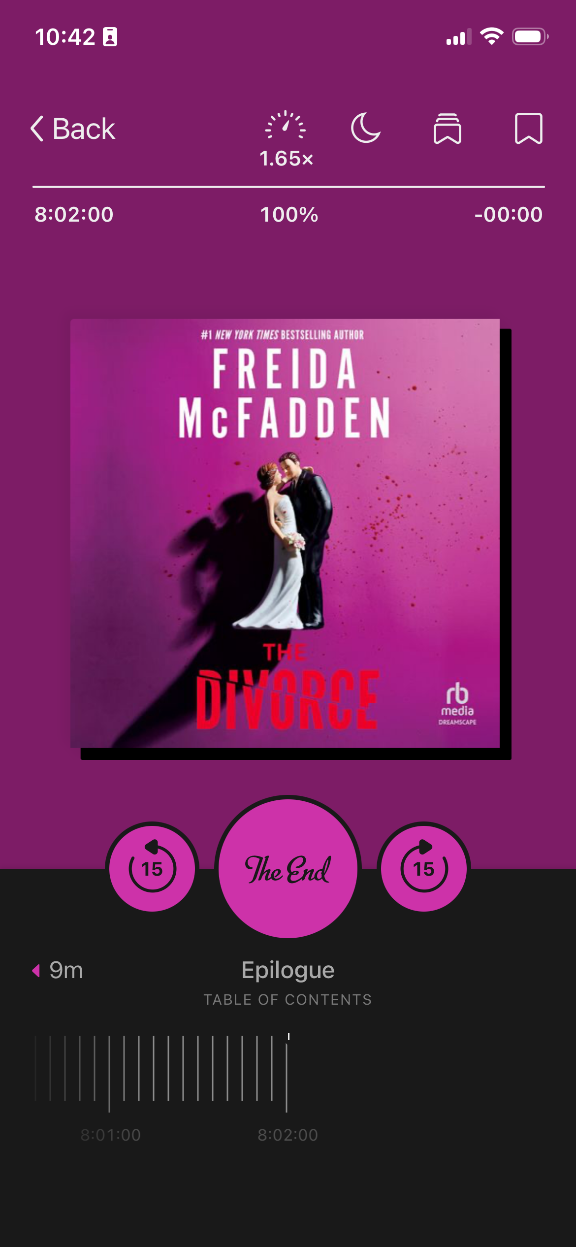 A screenshot of the audiobook The Divorce in the Libby app. The cover is mostly pink with a wedding cake topper in the middle.