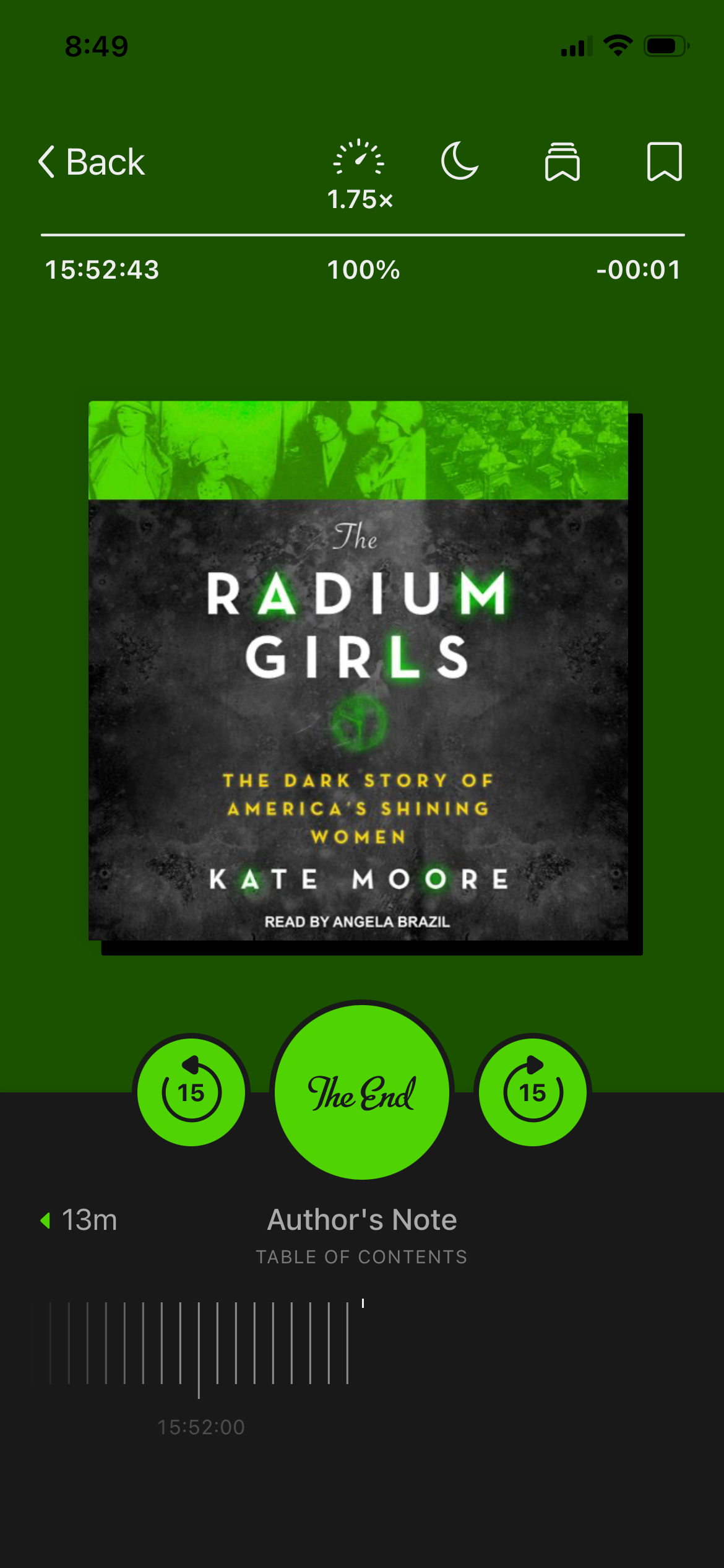 A screenshot fo the audiobook The Radium Girls in the Libby app.