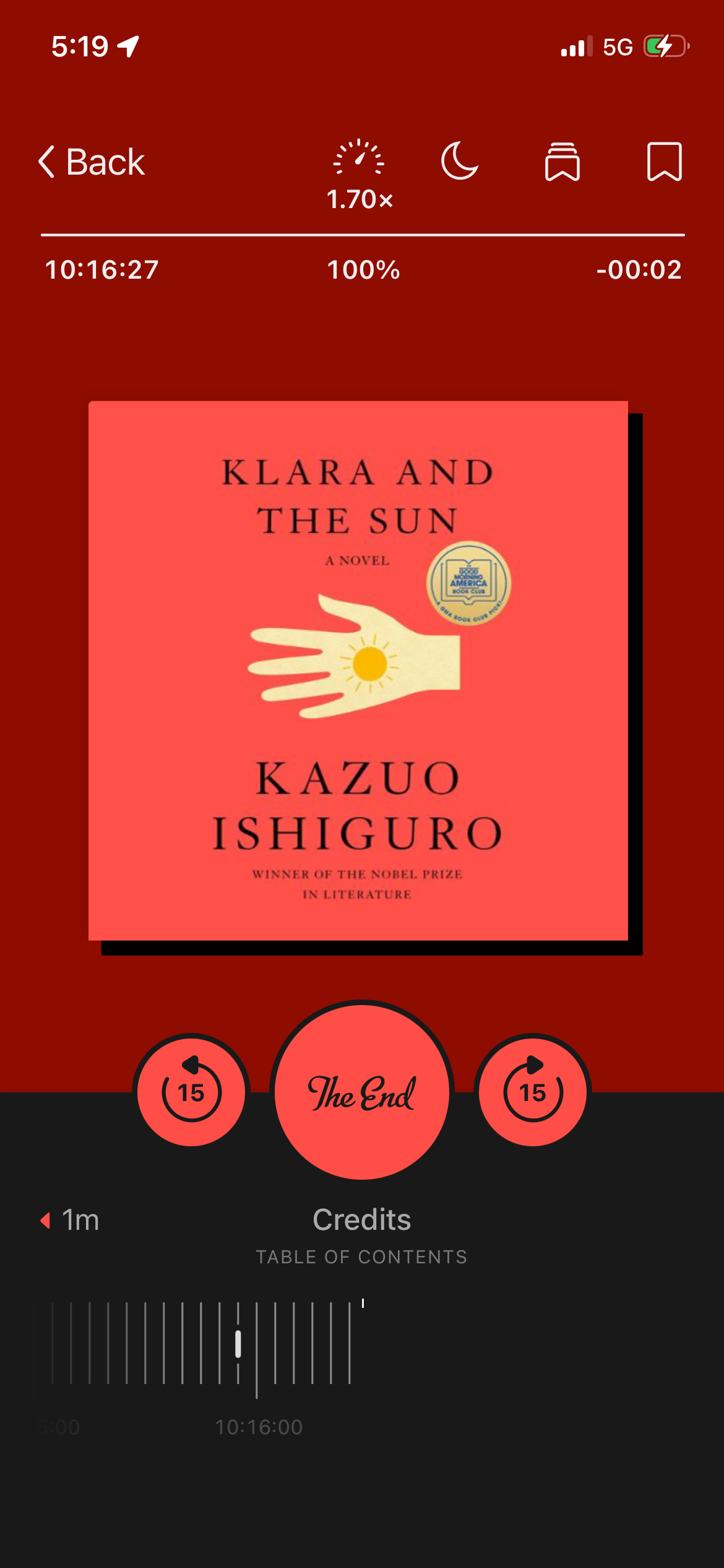 The image is a screenshot of the audiobook Klara and the Sun by Kazuo Ishiguro in the Libby app.
