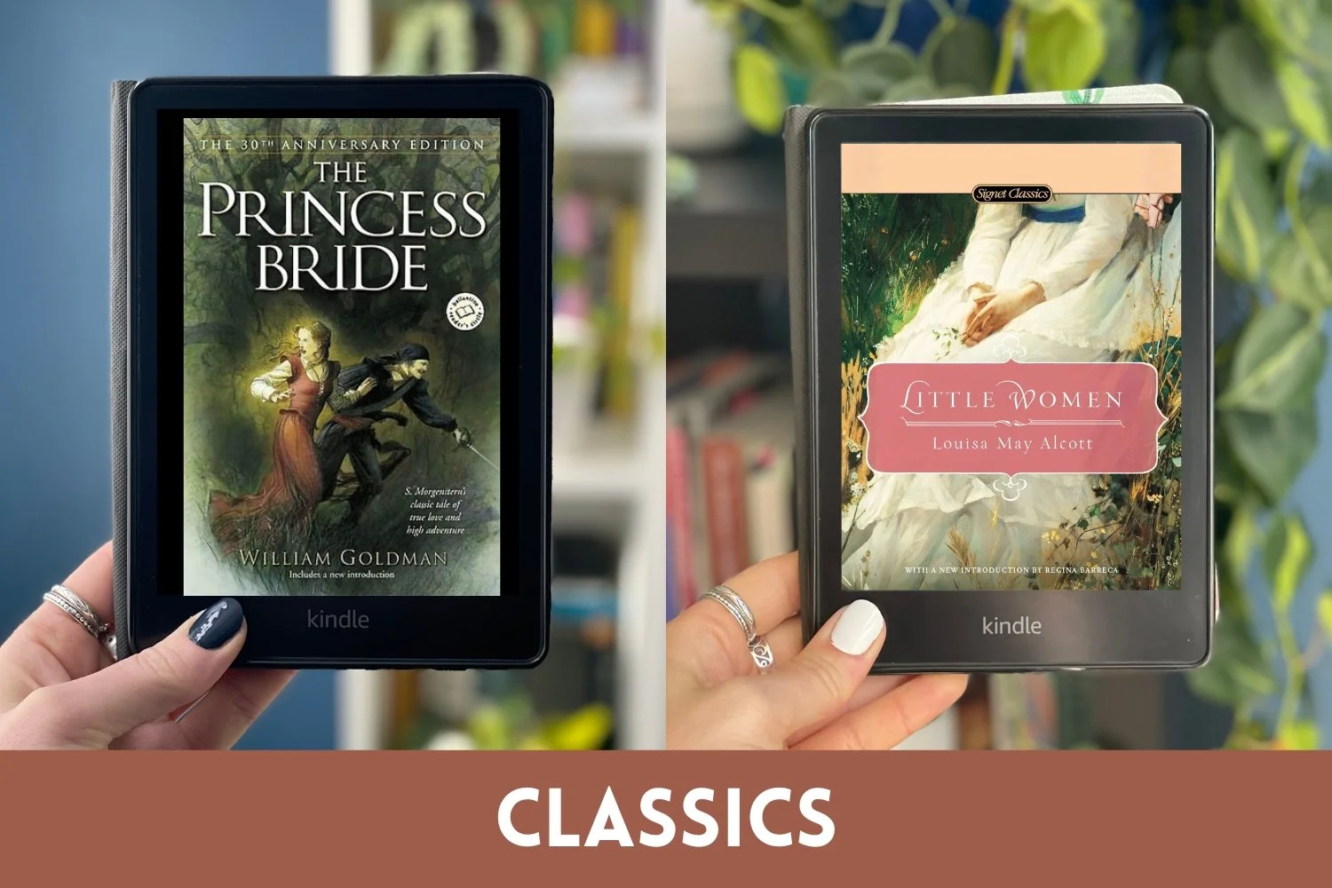 My hand holds a Kindle in the right and left photo with different book covers on its screen. There is a bar at the bottom that says Classics.