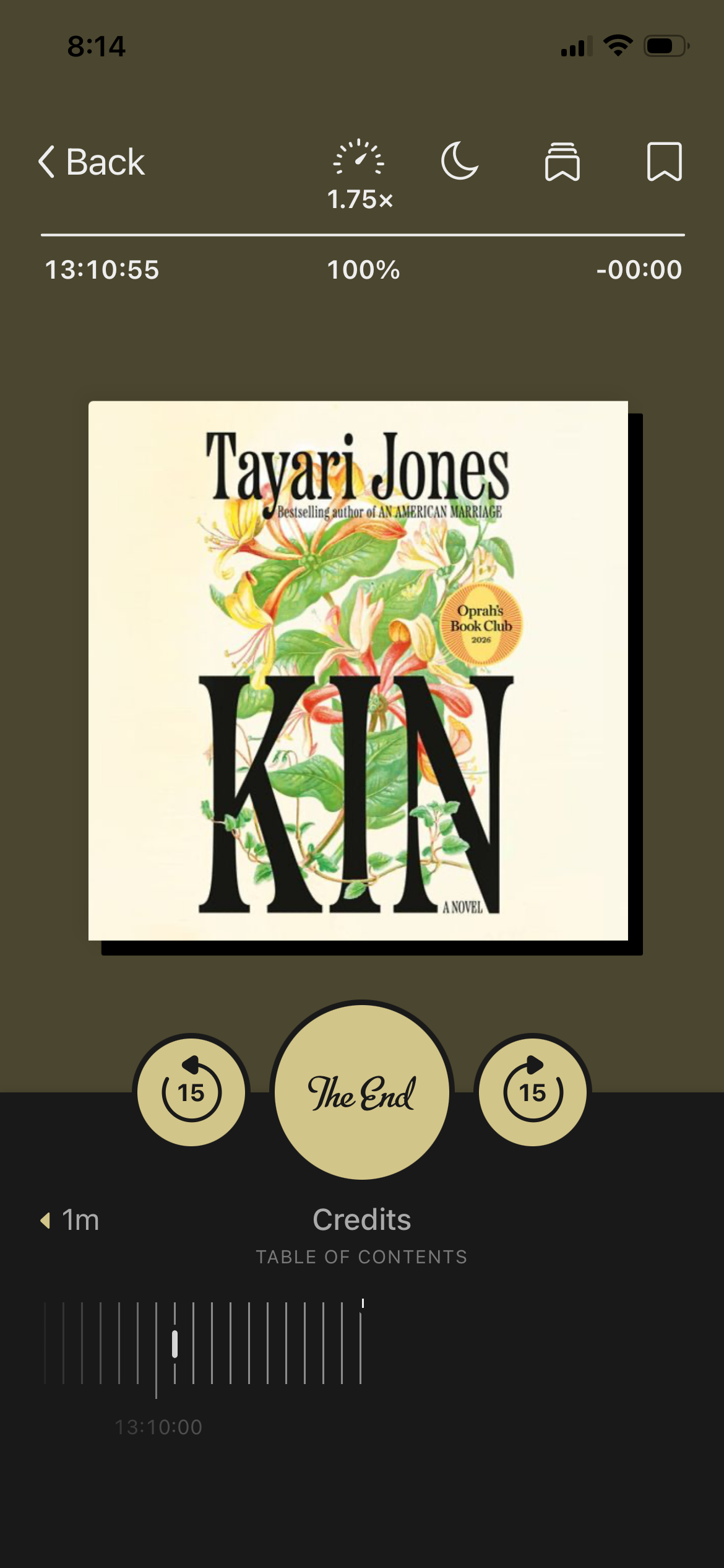 A screenshot of the audiobook Kin by Tayari Jones in the Libby app.