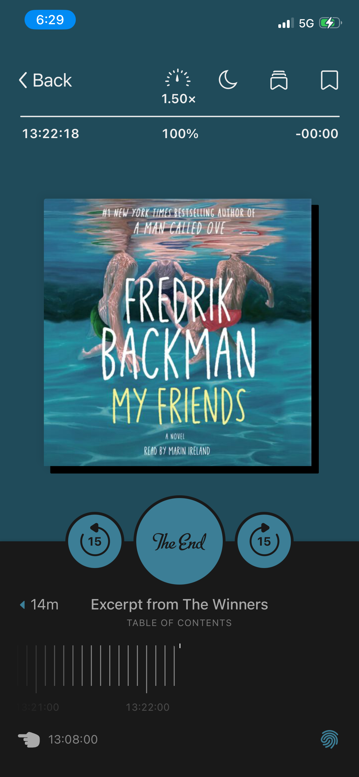 A screenshot of My Friends by Fredrik Backman in the Libby app. The cover shows three young kids swimming in a pool.