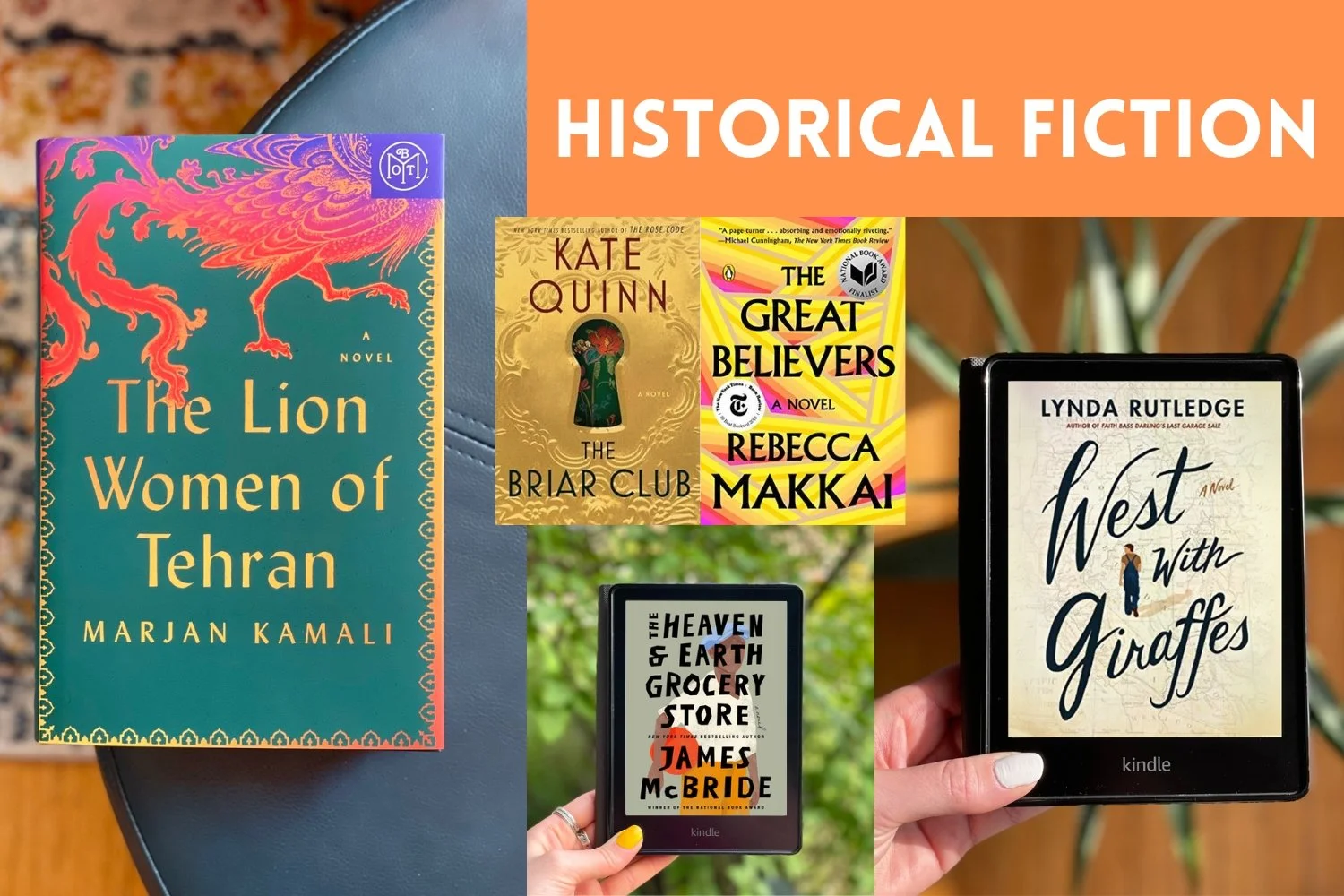 A collage of photos: A hard cover book sitting on an ottoman, my hand holding a Kindle in two of them, and the last two images are book covers.