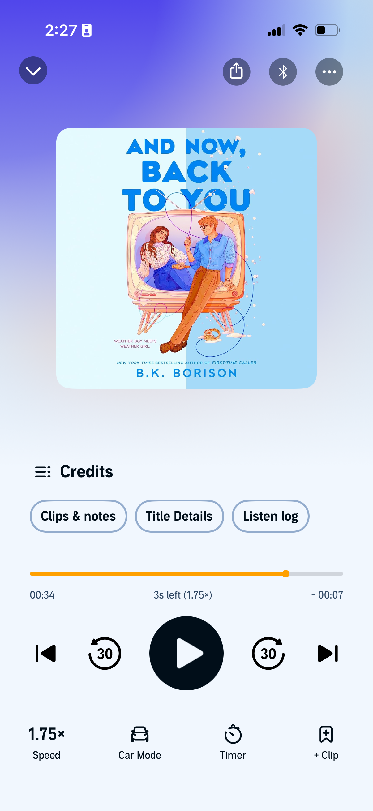 A screenshot of the audiobook And Now, Back to You by B.K. Borison in the Audible app.