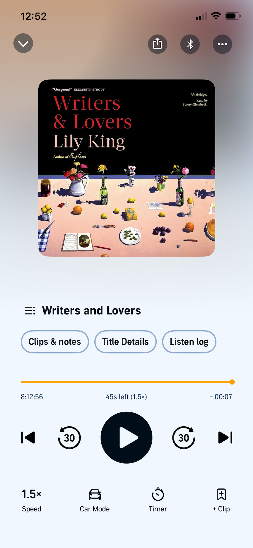 A screenshot of the audiobook Writers & Lovers by Lily King in the Audible app.