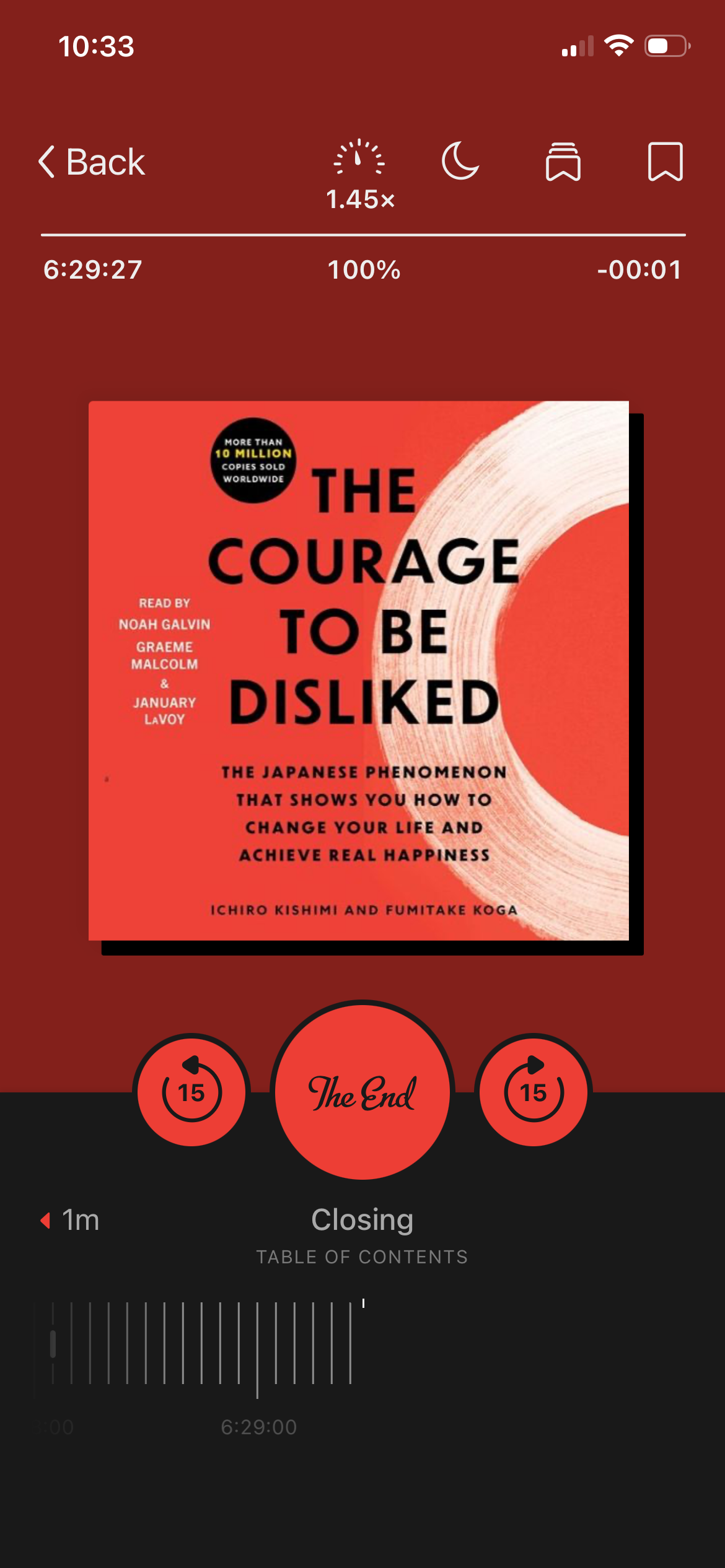 A screenshot of the audiobook The Courage to Be Disliked by Ichiro Kishimi and Fumitake Koga in the Libby app.