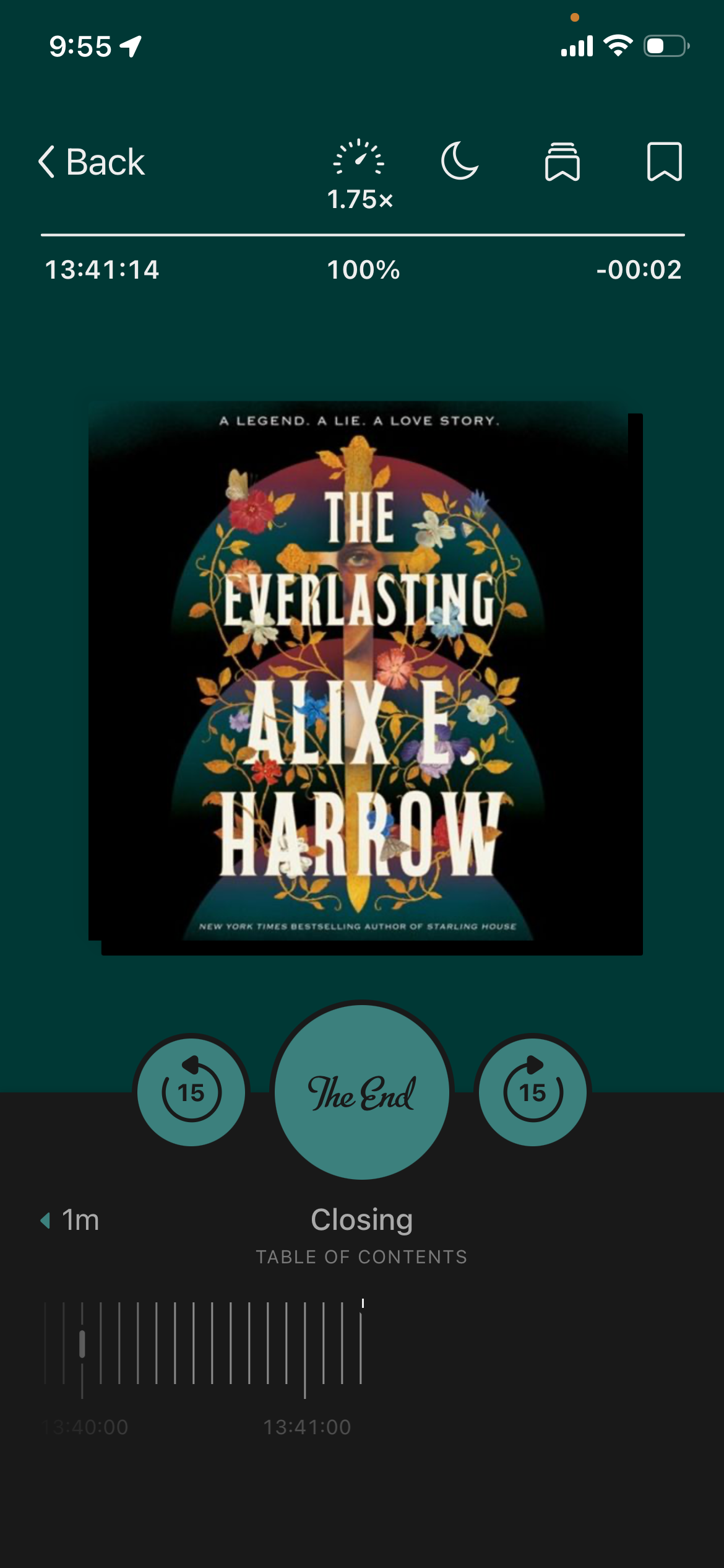 A screenshot of the audiobook The Everlasting by Alix E Harrow in the Libby app.