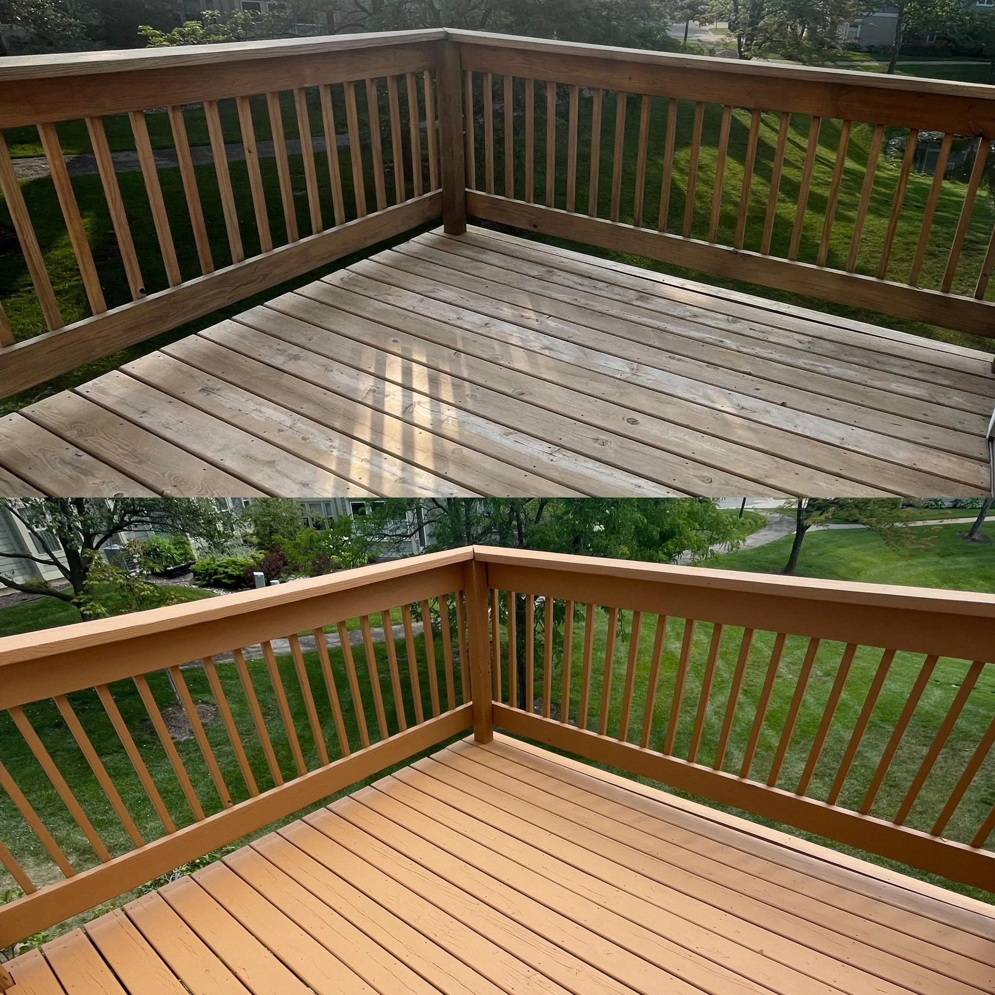 A split image of a outside deck. The top image is the deck with clean bare wood. The bottom image is of the deck painted a cedar brown.