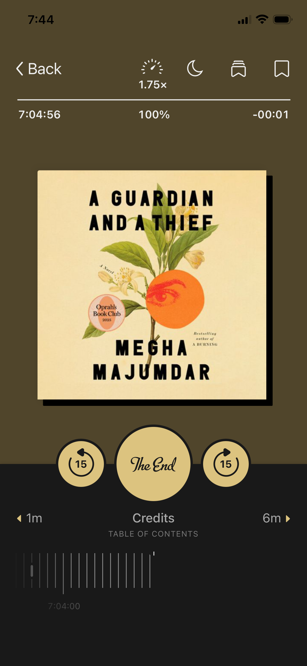 A screenshot of the audiobook A Guardian and A Thief by Megha Majumdar in the Libby app.