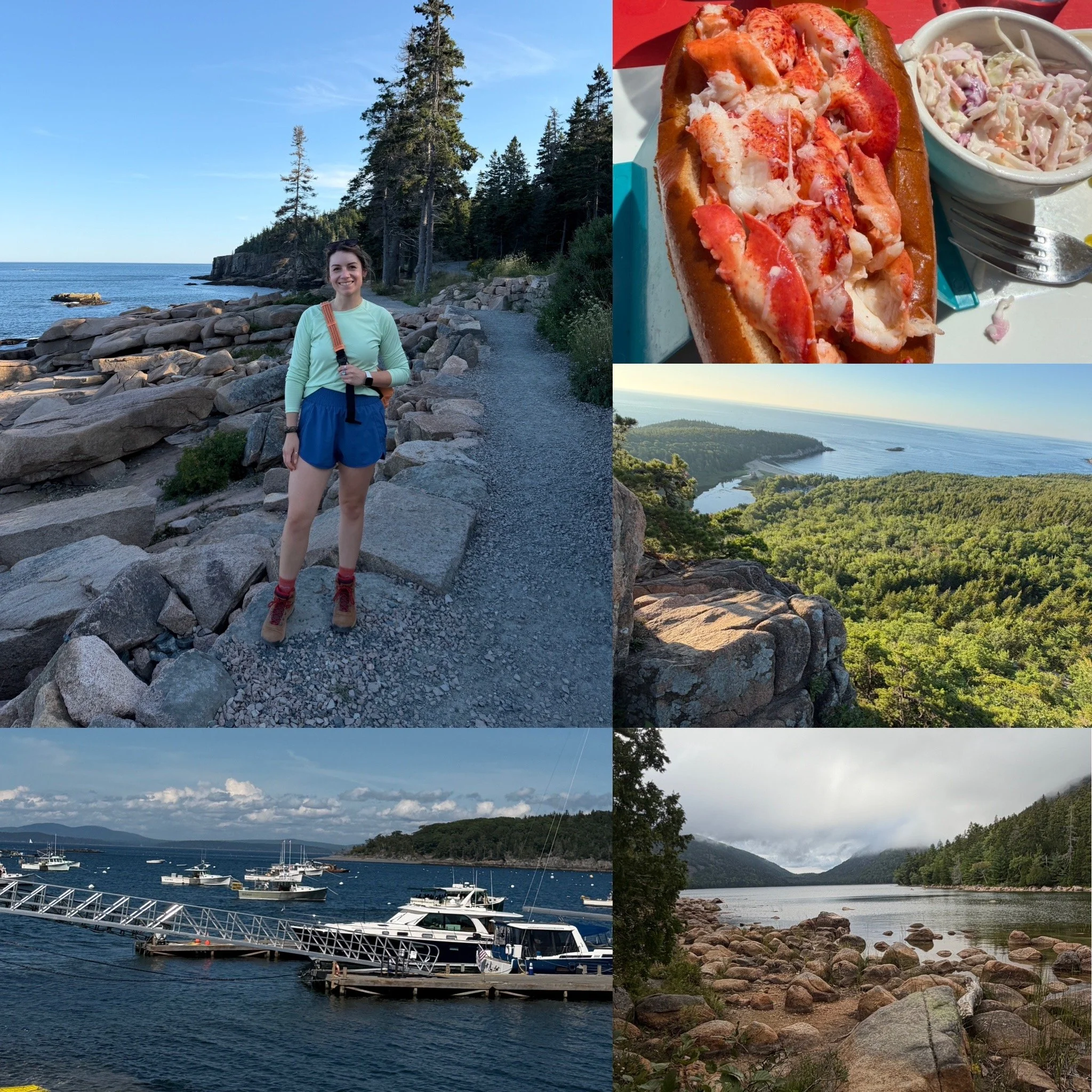 A collage of photos from my trip to Maine including boats in the bay, me in front of the ocean, a lobster roll and Jordan Pond.