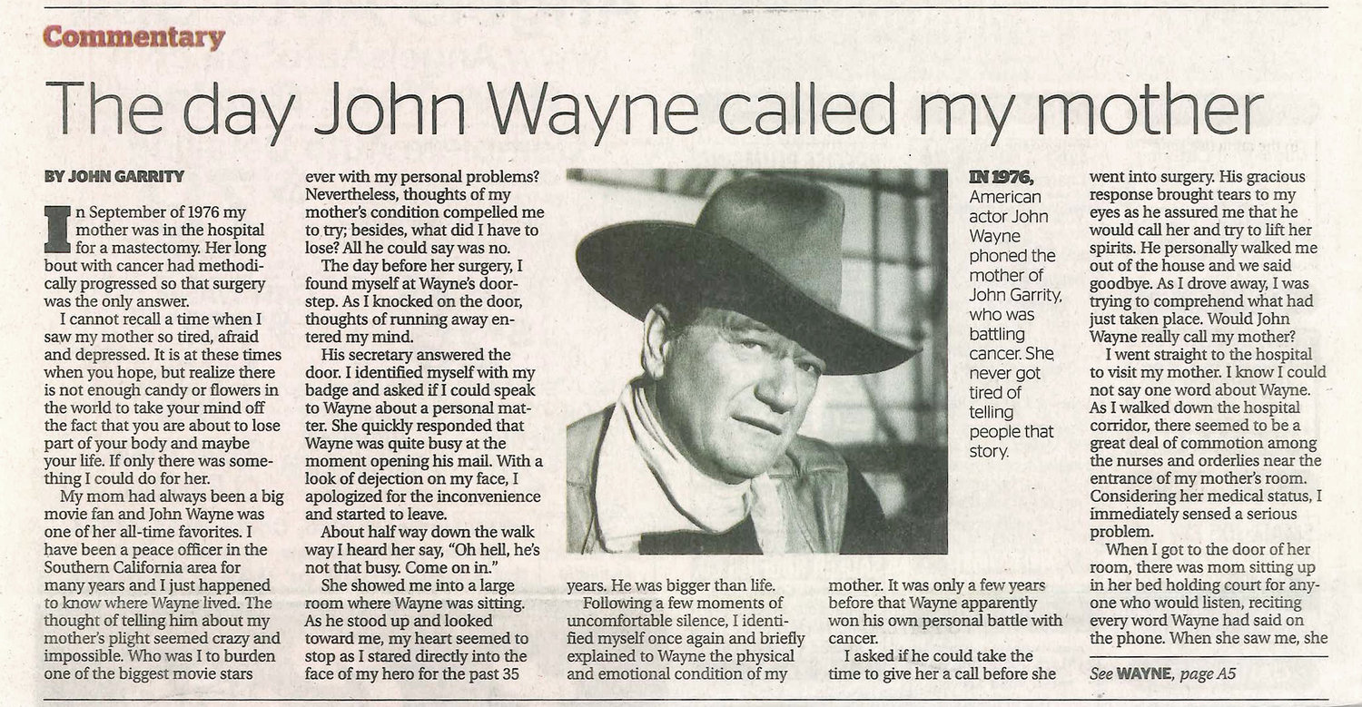 An excerpt from the Daily Pilot newspaper, dated January 30th, 2013. Photo courtesy of John Wayne Enterprises