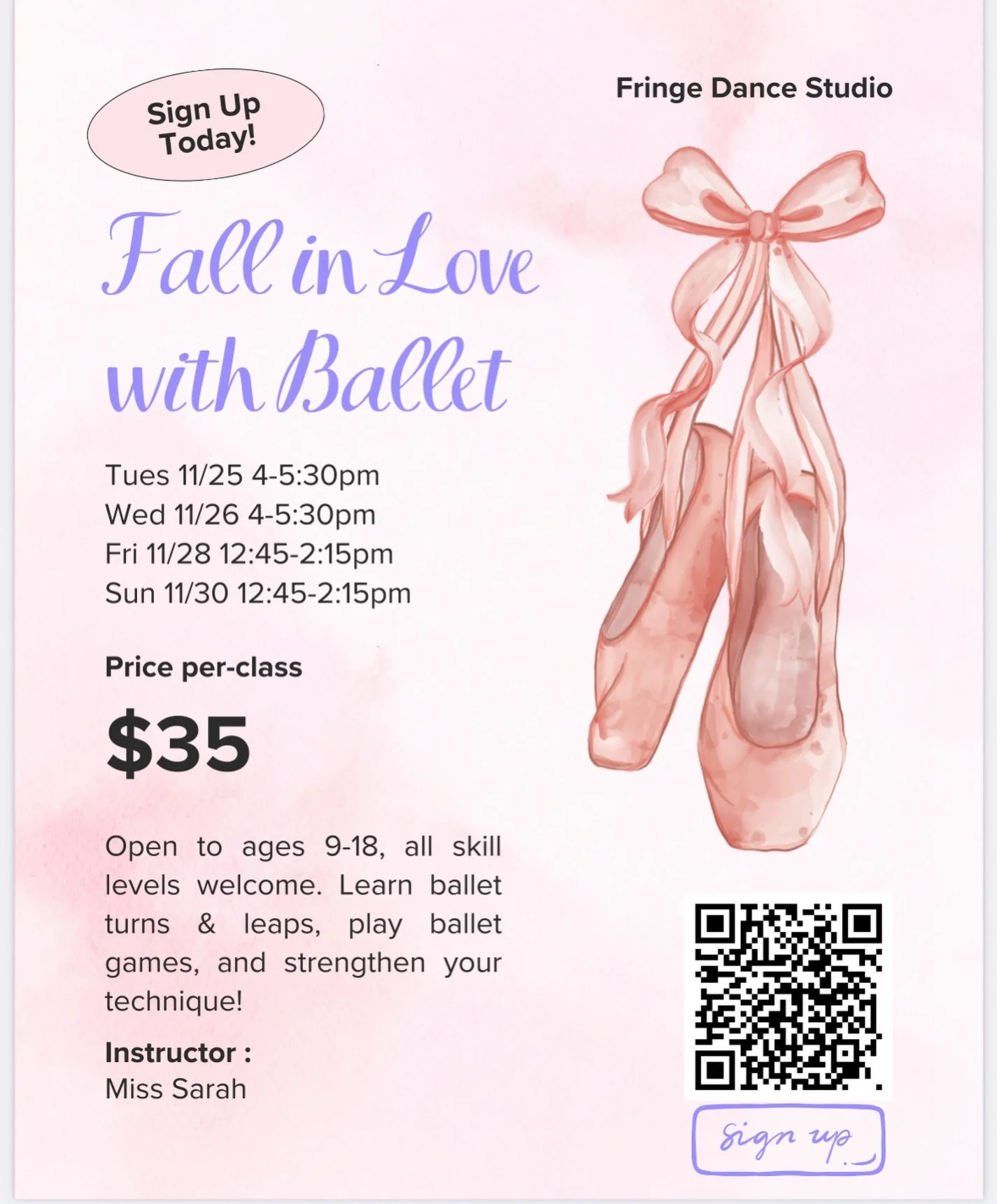 💖 Fall in Love with Ballet Classes

🧚 Taught by @sar416 

✨ All levels welcome, ages 9-18 

✔️ Sign up in Studio Pro. $35 drop in.

#fringedancestudio