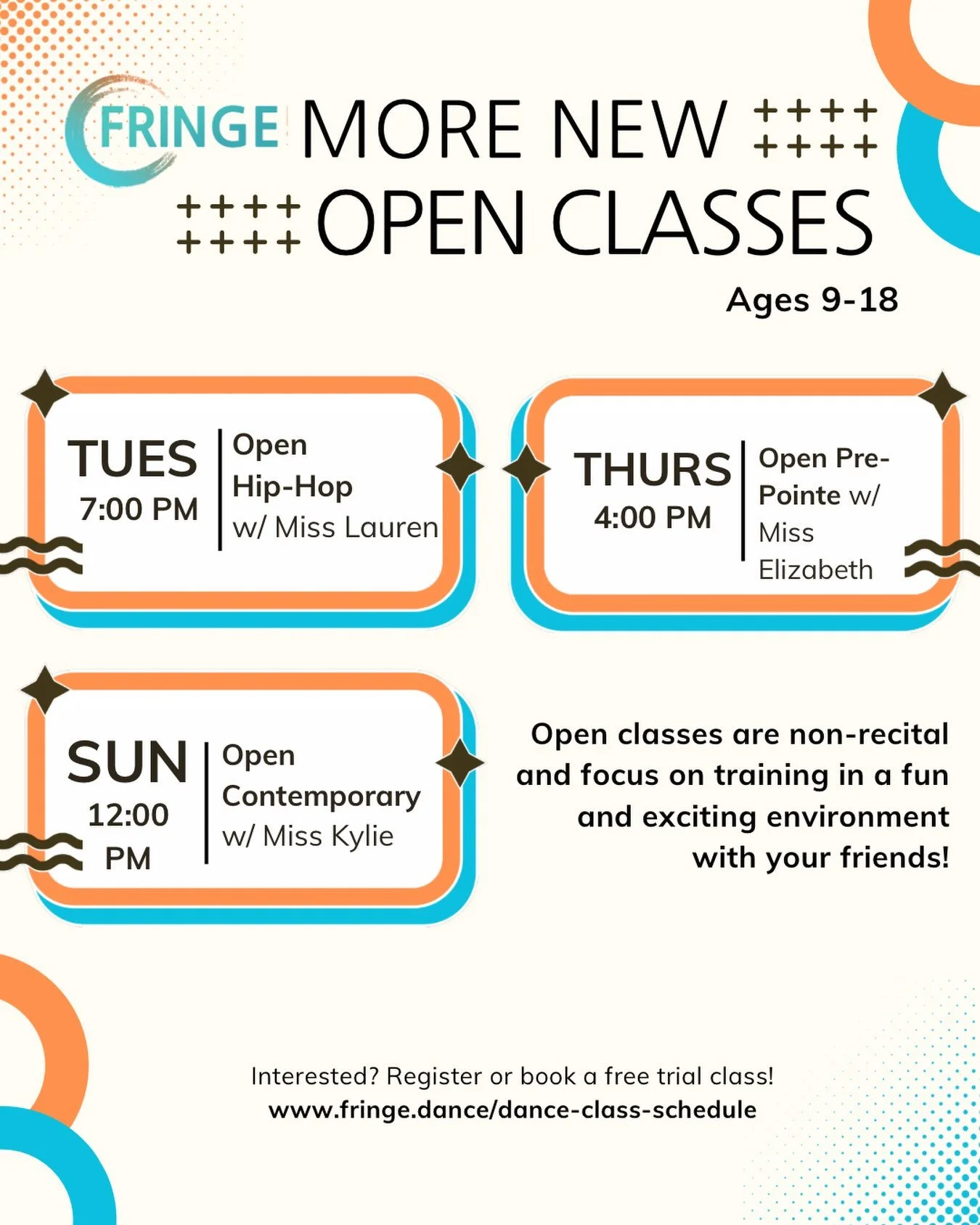⭐️OPEN CLASS ALERT⭐️

Come take our other offered OPEN level classes at Fringe! Ages 9-18, open classes provide training in a fun environment for all (+ is non-recital)! 

🩵TUES @ 7pm: Open Hip Hop with Miss Lauren
🧡THURS @ 4pm: Open Pre-Pointe w/ 
