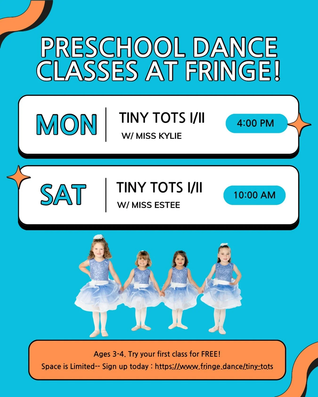 Your dancing journey awaits at Fringe! 🩵🧡 Try our preschool dance classes offered for students ages 3-4 on Mondays and Saturdays. 

Tiny Tots at Fringe introduces preschool-aged dancers to the joy of dance in a fun, positive, and encouraging enviro