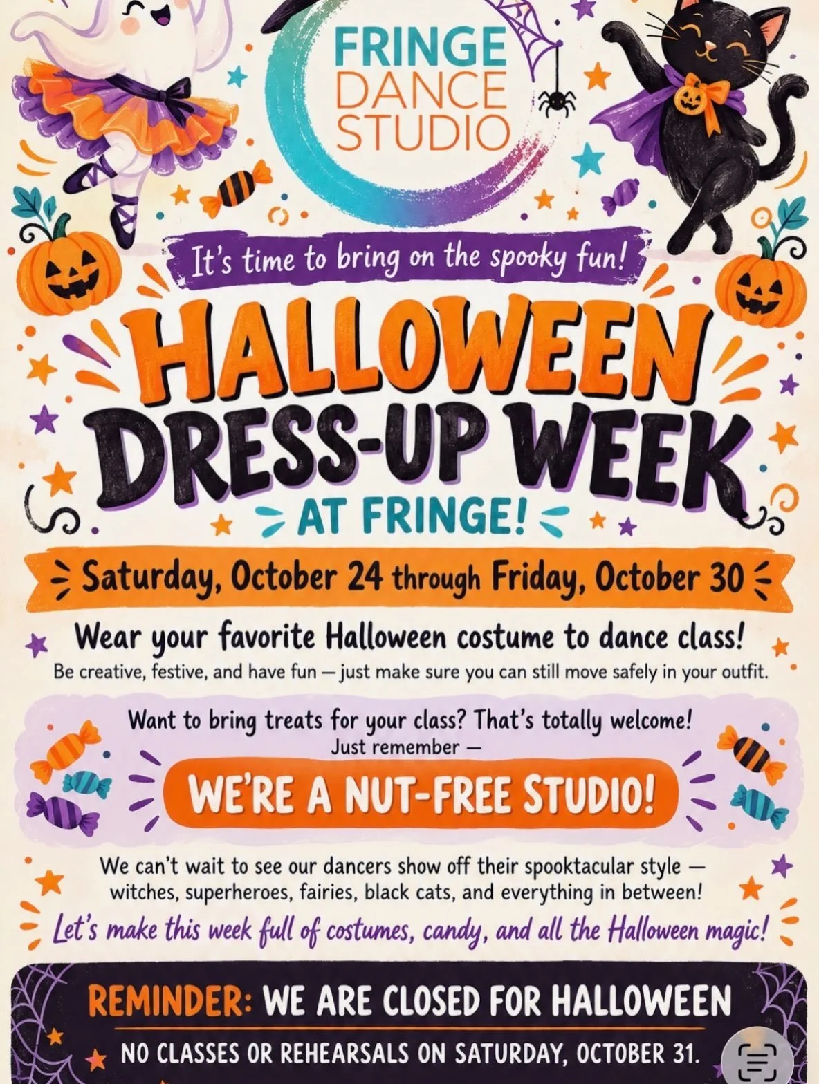 HAPPY HALLOWEEN WEEK AT FRINGE🧡🎃🩵

Wear your favorite costumes to dance class&mdash; we cannot WAIT to see your SPOOK-tacular outfits! 🐈&zwj;⬛🧚&zwj;♀️👻🧙🦄👗🦇
