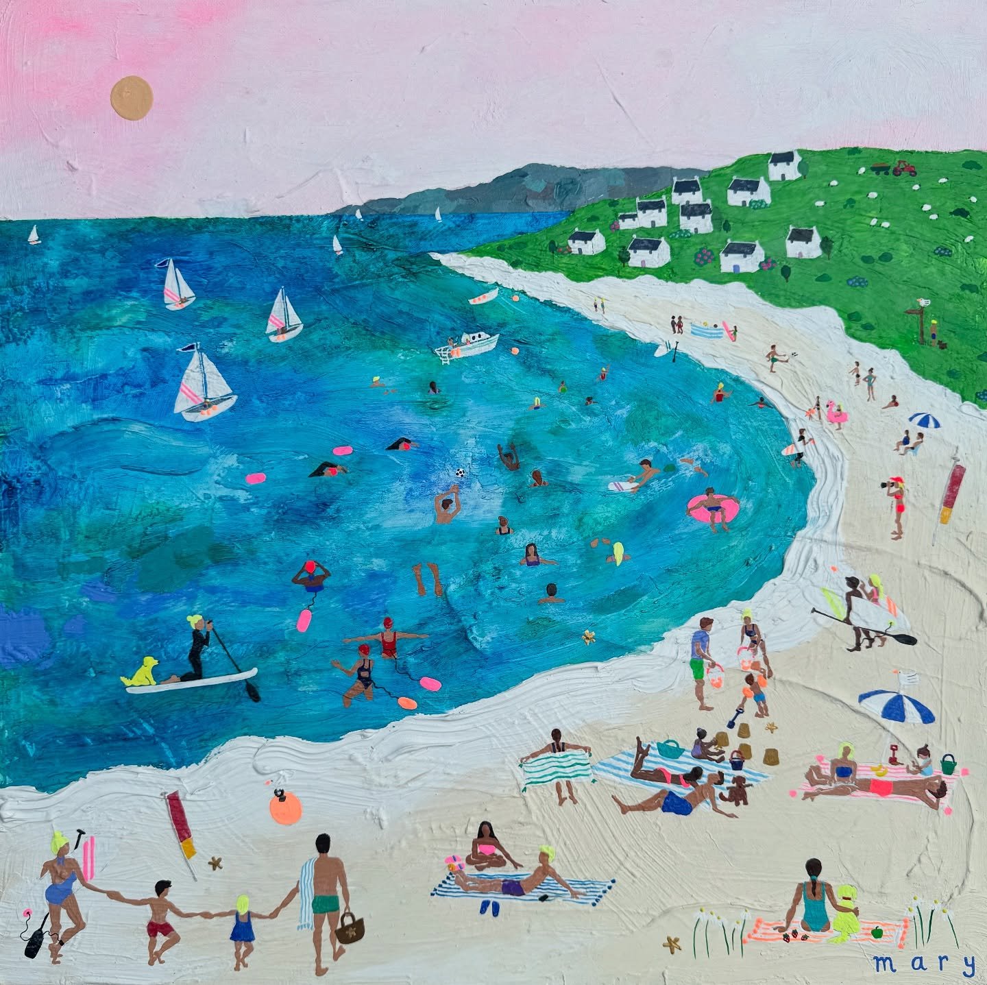 &lsquo;Long hot summer&rsquo;
☀️ 🍏 🍓 🏖️ 🐶 

Adored painting this sun-filled biggie and kinda love it.

Hope you like her too 💞

#happyart #myart #paintersgonnapaint #brightart #seascape #beachart #beach #summer