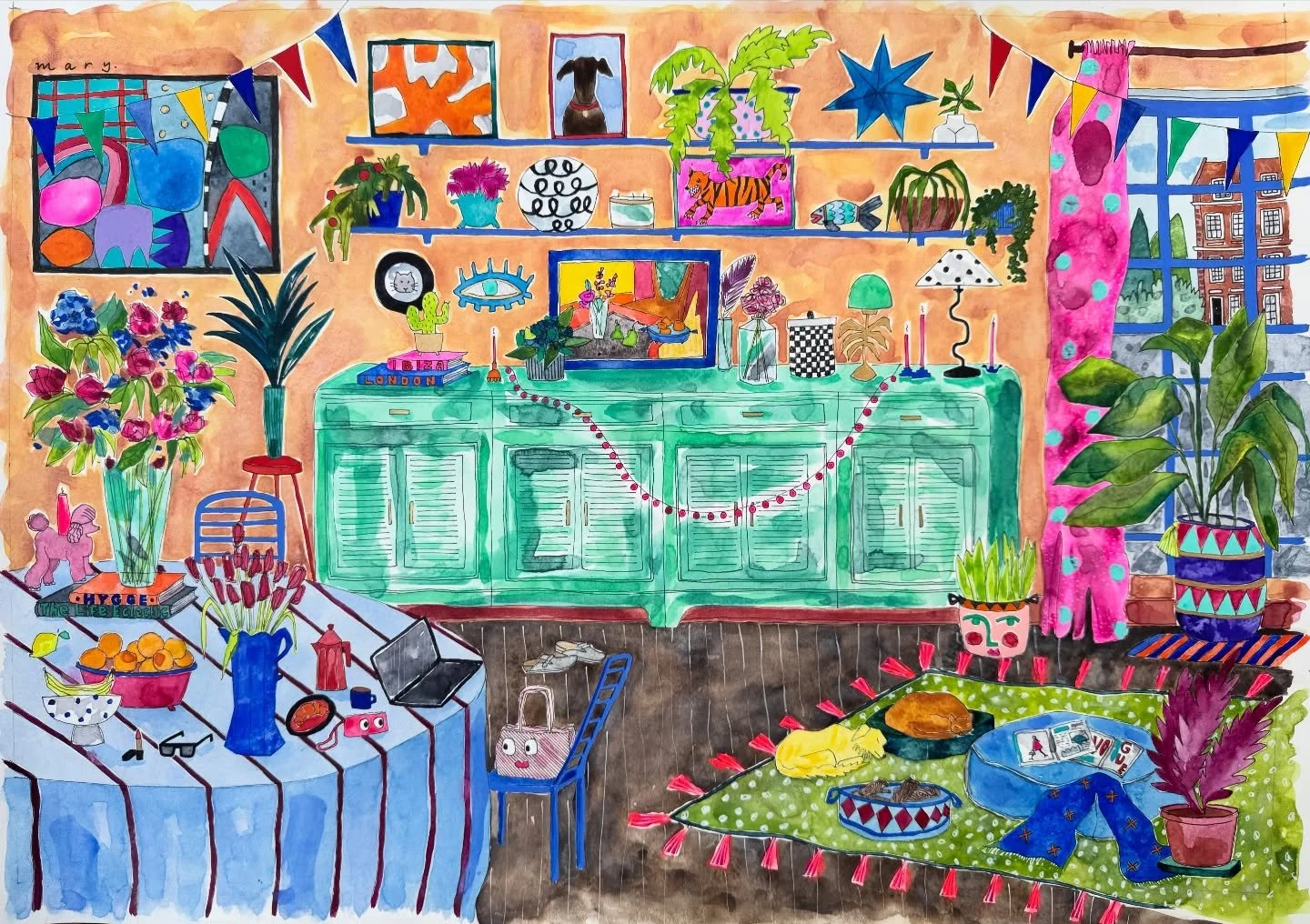 A super bright painting about the comfort of a busy, colourful home 🏠 💓 

&lsquo;Eclectic Home&rsquo;
Quite a big painting (for me) for sale soon!

#interiordecor #illustration #interiorillustration