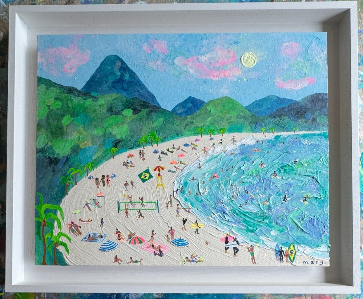 A reminder of hot, balmy beach life as we shuffle around in our thermals 🫦

(Archive painting) &lsquo;Love From Brazil&rsquo;..surfers, caipirinha&rsquo;s, macaws and palms beneath the iconic Sugarloaf mountain. 🏔️🌴🦜🏄&zwj;♀️ 

#brazil #copacaban