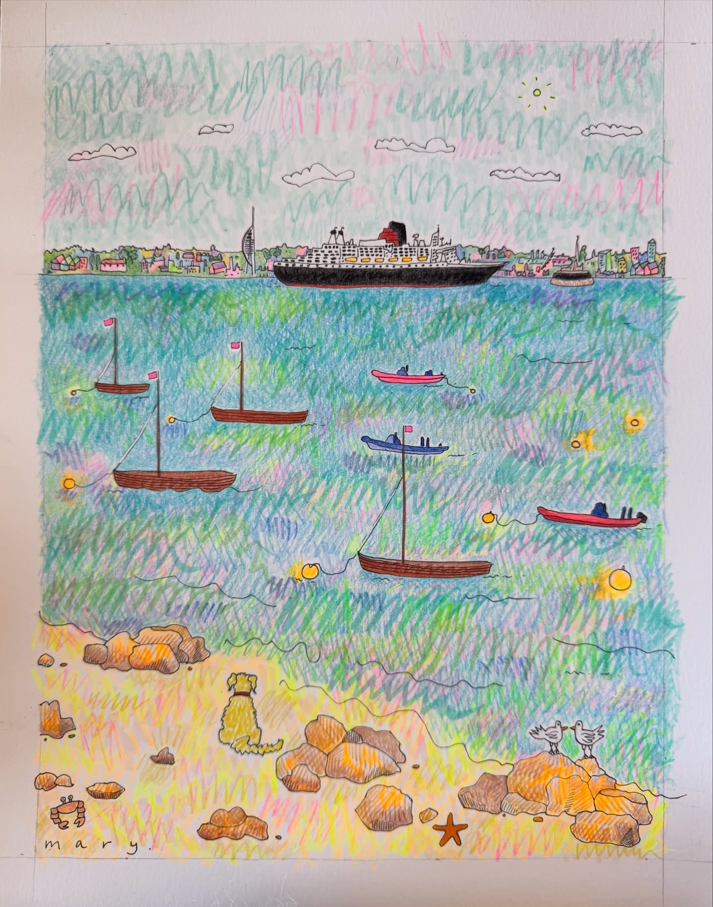 &lsquo;Twixmas scribbles&hellip; Bonnie watching the Queen Mary 2 from Seaview, Isle of Wight 🌊 ☀️ 

#queenmary2 #isleofwight #portsmouth